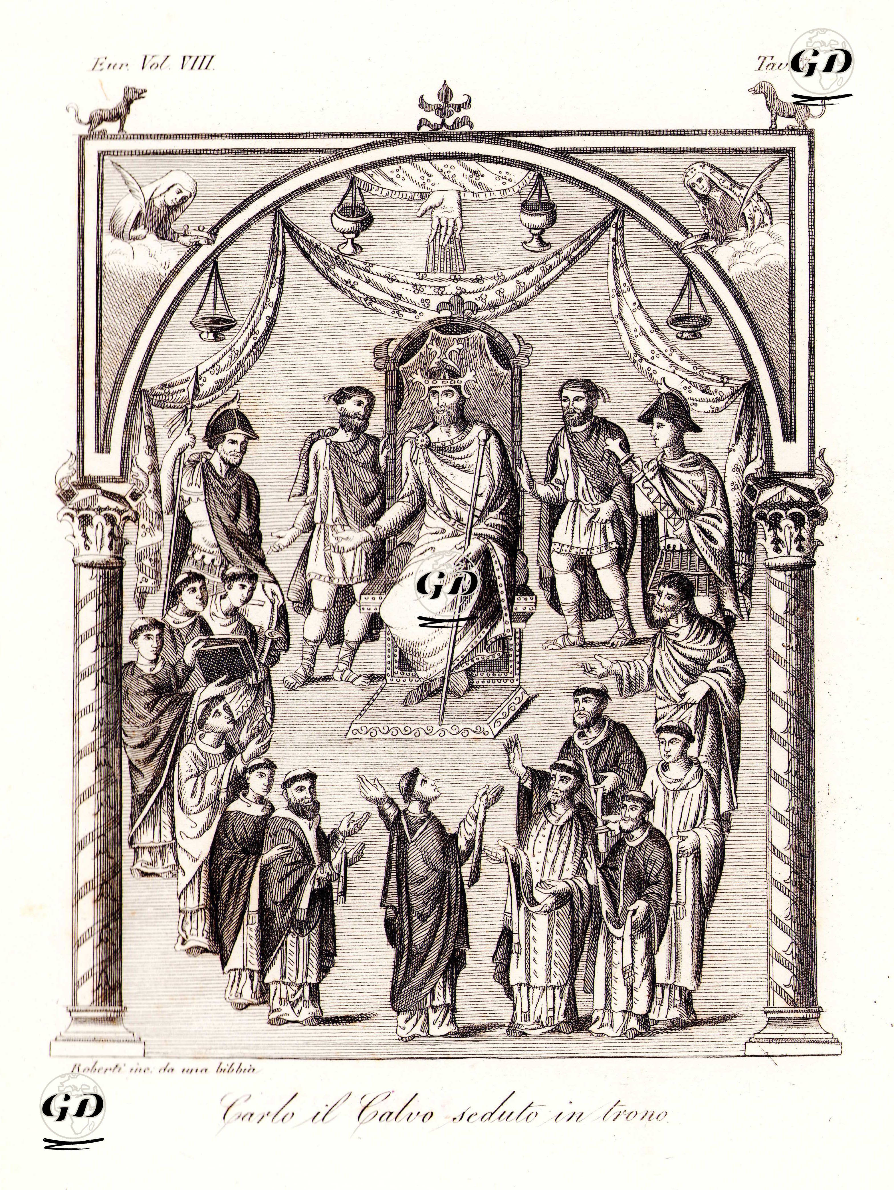 Carlo il Calvo Seduto in Trono, Eur. Vol VIII. Tav.7. (King Charles The Bald, Emperor of the Carolingian Empire Sitting On The 
Throne) -  - 1820's-1840's