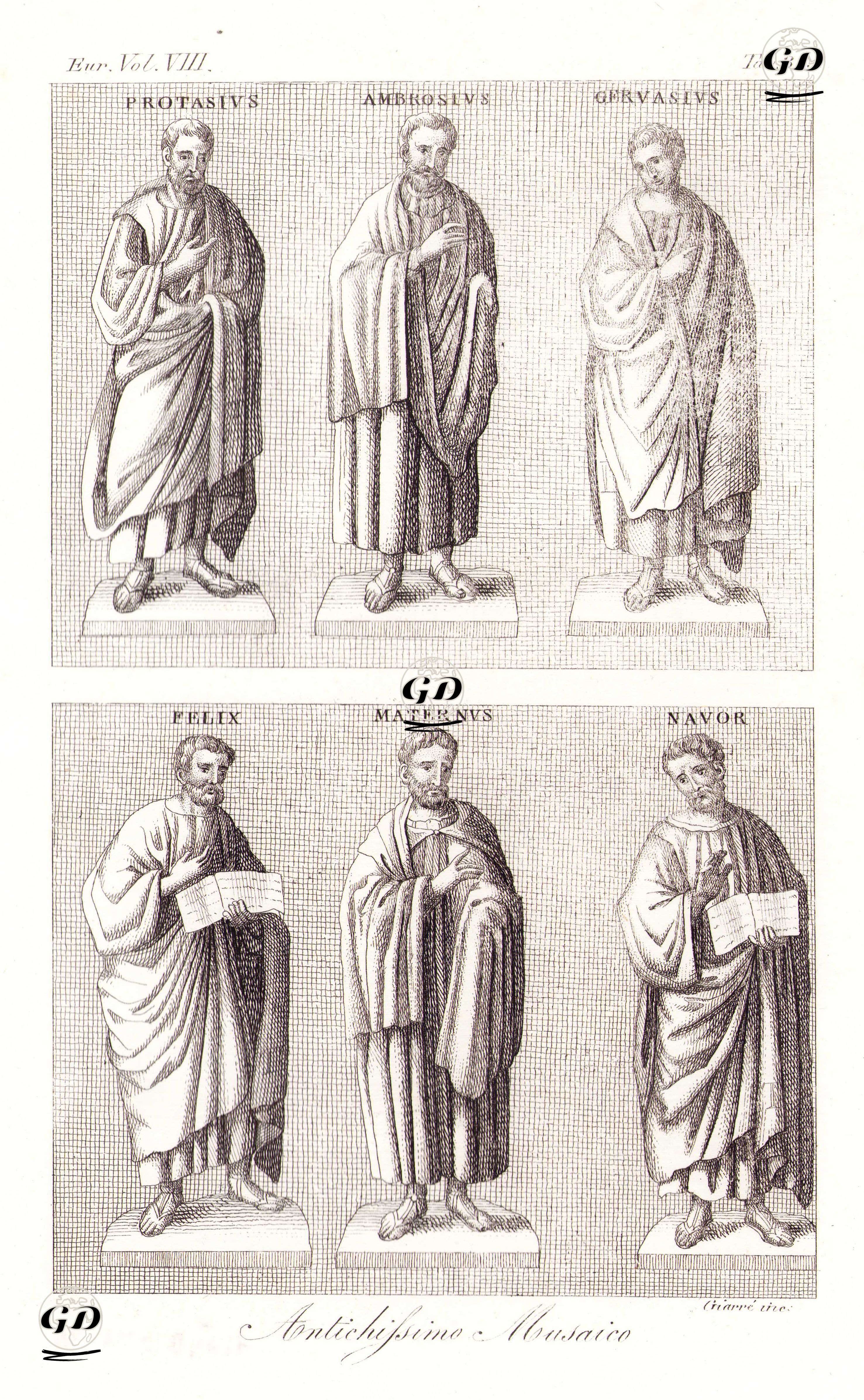 Antichissimo Musaico, Eur. Vol VIII. Tav.31. (Ancient Wall Mosaics in San Vittore Chapel-Portraits Of Saints Gervasius, Ambrosius, Protasius, Saints Felix, Maternus And Nabor)  -  - 1820's-1840's