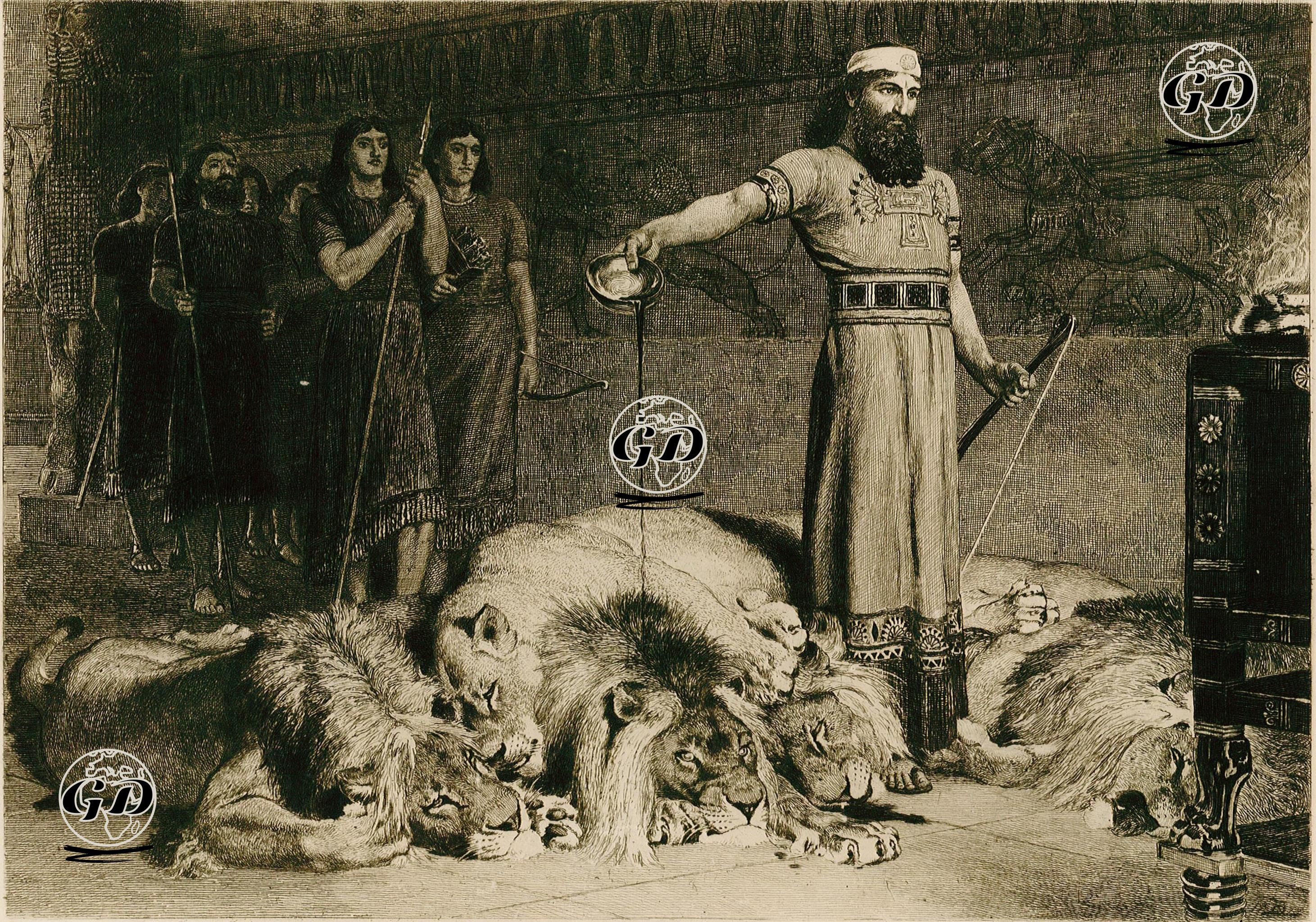 Sümer Kralı Nemrud'un Avladığı Aslanlar Üzerine Sunağın Önünde Tanrılar Adına Şarap Dökmesi - Briton Riviere (1840-1920) - 1897