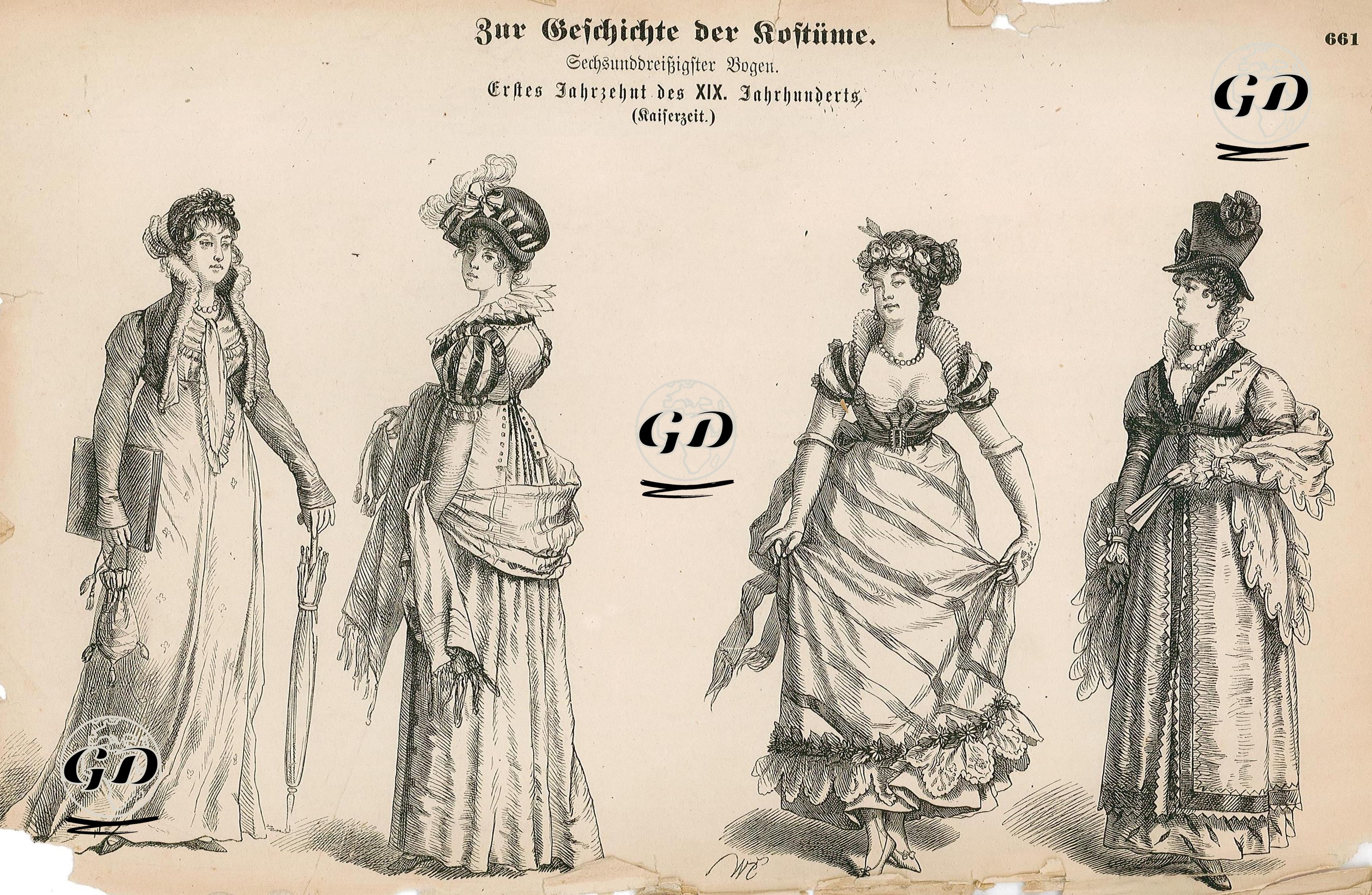 19. Yüzyılın Başlarında Empire Stil Kıyafetler- Kısa Ceketli (Spencer) Leydiler- 1805 Yılında Balo Elbisesi(Ball Gown) Giymiş Leydi ve Yüksek Sapkalı Leydi -  - 1861-1890's