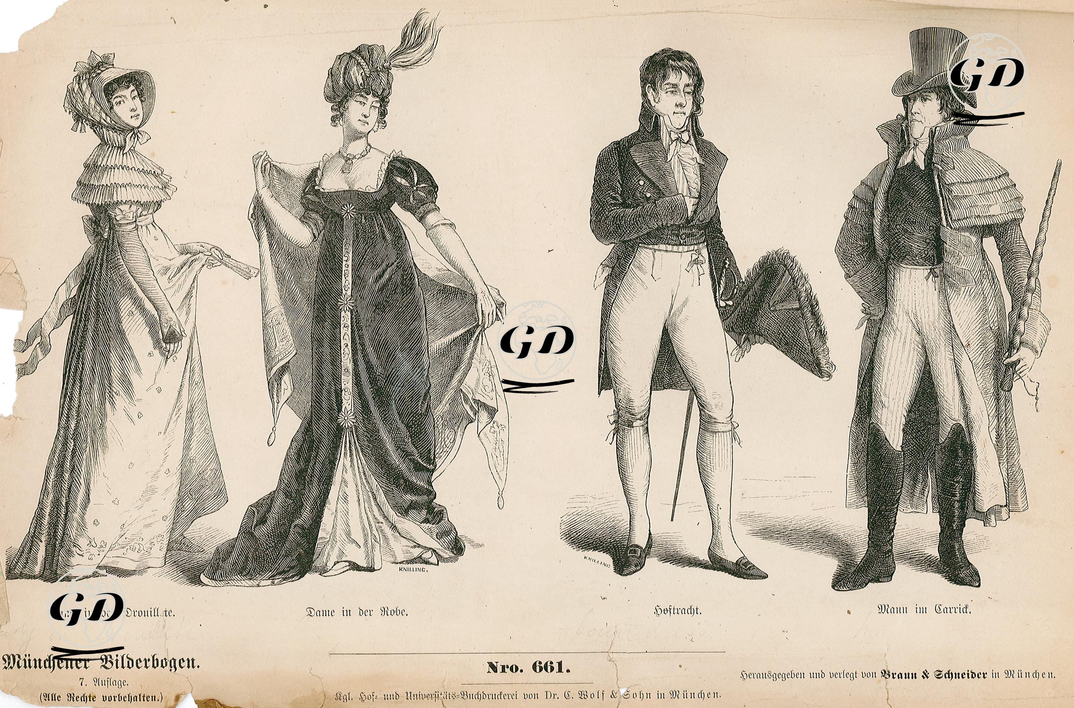  Early Nineteenth Century- Empire Style (Ersy-tes Jahrzehnt des XIX Jahrhunderts (Kaiserzeit))-  Lady in Douillette ( Dame in der Drouillette), Lady in Gown (Dame in der Robe)- Court Dress (Hoftracht), Man with Garrick (Mann im Cattick) -  - 1861-1890's