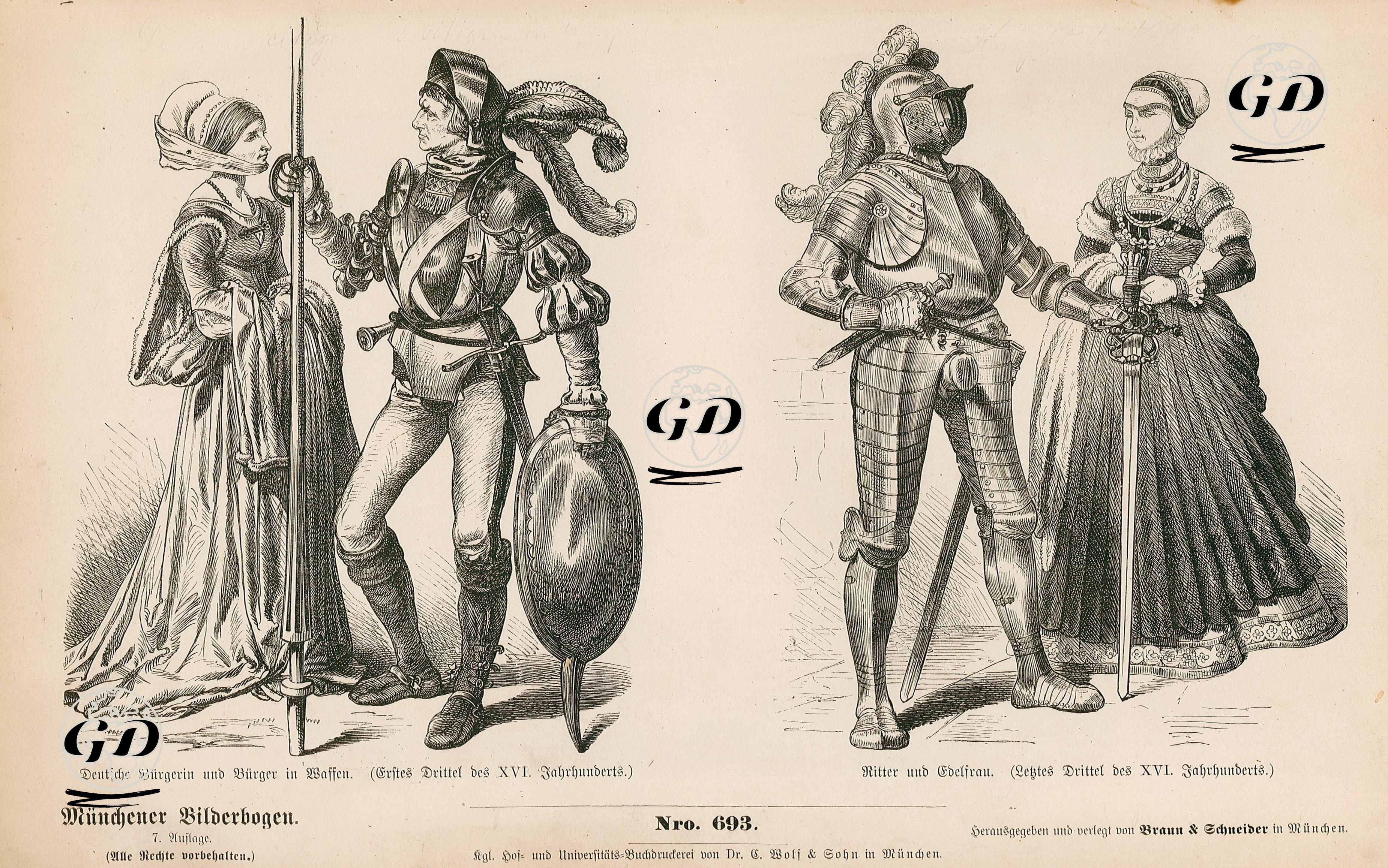 Fifteenth and Sixteenth Centuries- German Townswoman and Townsman in Armor (1st Third of 16th Century) (Deutsche Burgerin und Berger in Waffen (Erstes Drittel des XVI Jahrhunderts))-  Knight and Noblewoman (1st Third of 16th Century) Ritter und Edelfrau (Letzstes Drittel des XVI Jahrhunderts) -  - 1861-1890's