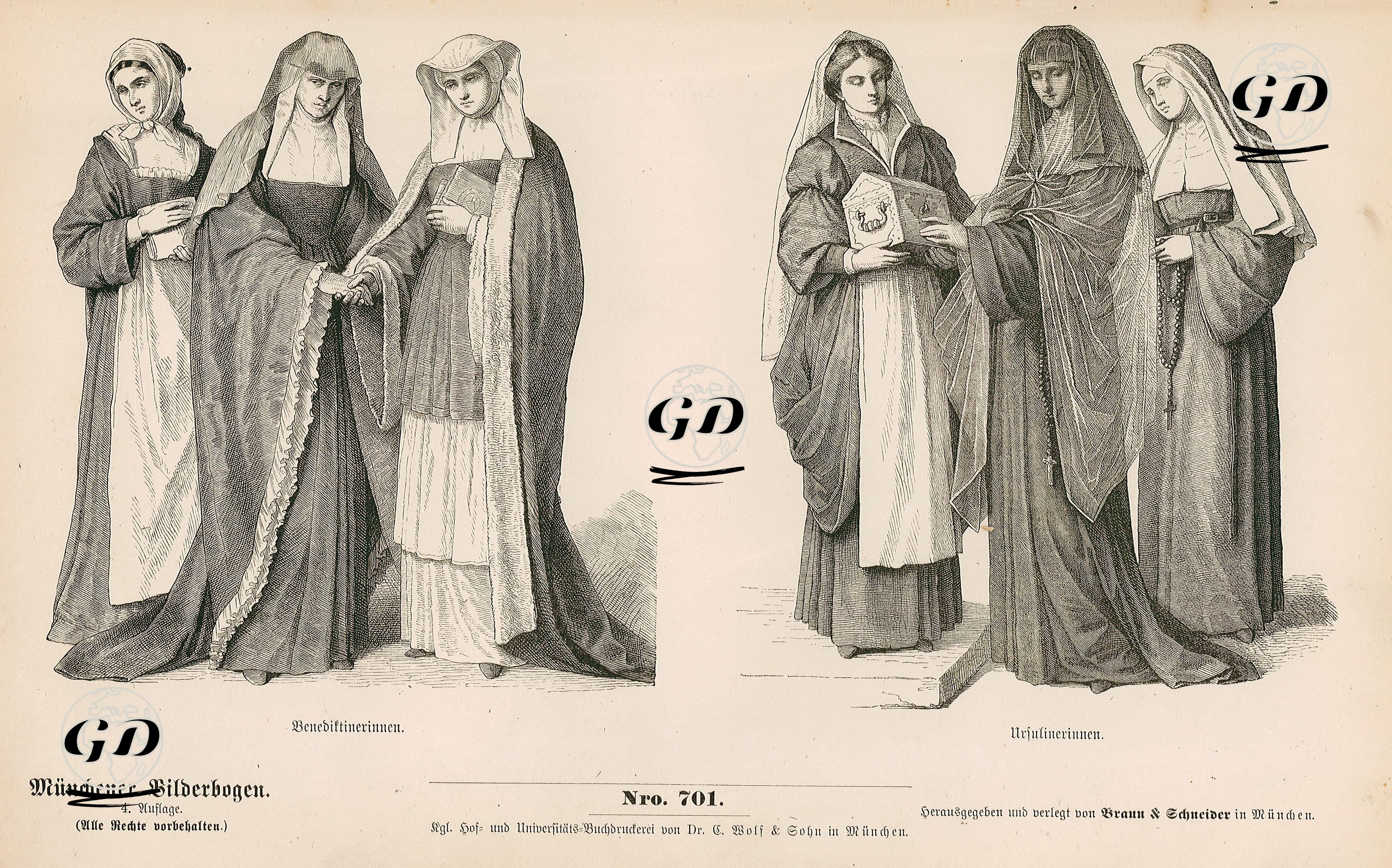 Late Eighteenth Century (Ende des XVIII Jahrhunderts) Nun's Dress (Weibliche Ordenstrachten)-Benedictines (Benediktinerinnen)-Ursulines (Ursukinerinnen) -  - 1861-1890's