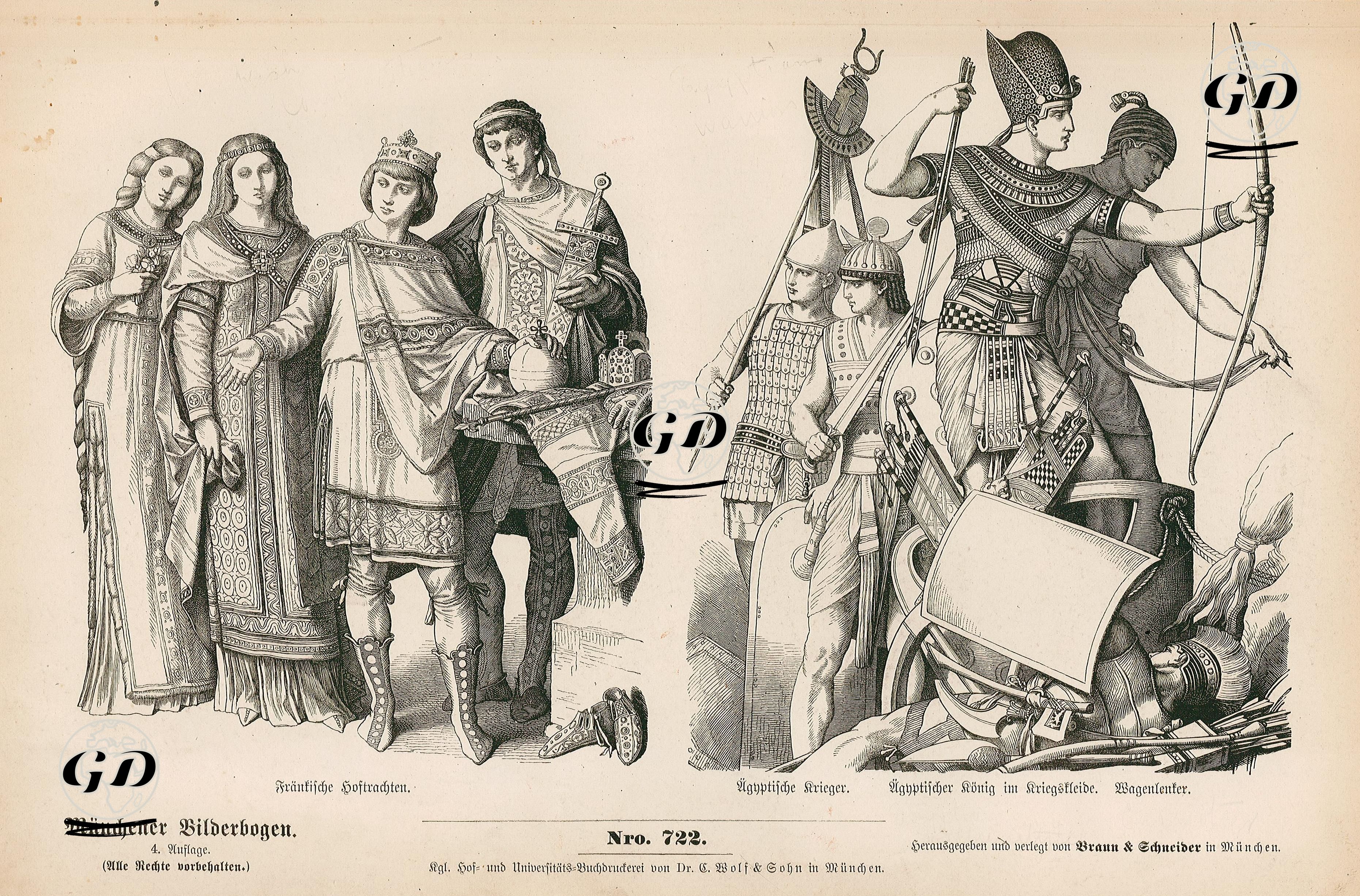 Fifth to Tenth Centuries (V. bis X. Jahrhundert) - Ancient Egypt (Vorchristliche Zeit (Alt-Agypter))- Frankish Court Dress (Frankische Hoftrachten)- Ancient Egyptian Soldiers (Agyptische Krieger), Egyptian King in Battle Attire (Agyptischer Konig im Kriegskleide), Charioteer (Wagenlenker) -  - 1861-1890's