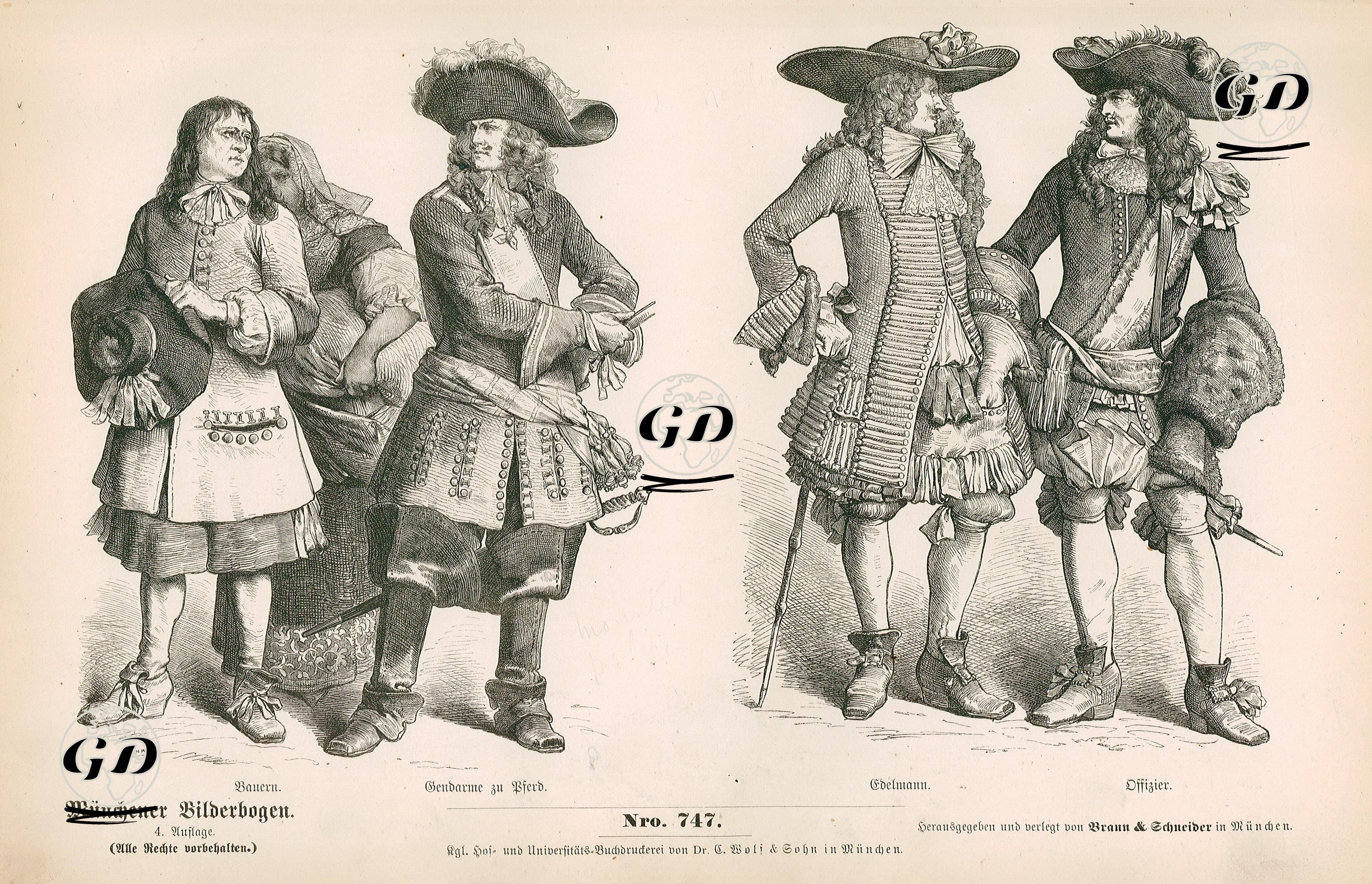 17.Yüzyılın Üçüncü Döneminde Fransa (1667-1699)- Fransız Köylüler ve Atlı Jandarma- Fransız Soylu Erkeğin ve Subayının Kıyafetleri -  - 1861-1890's