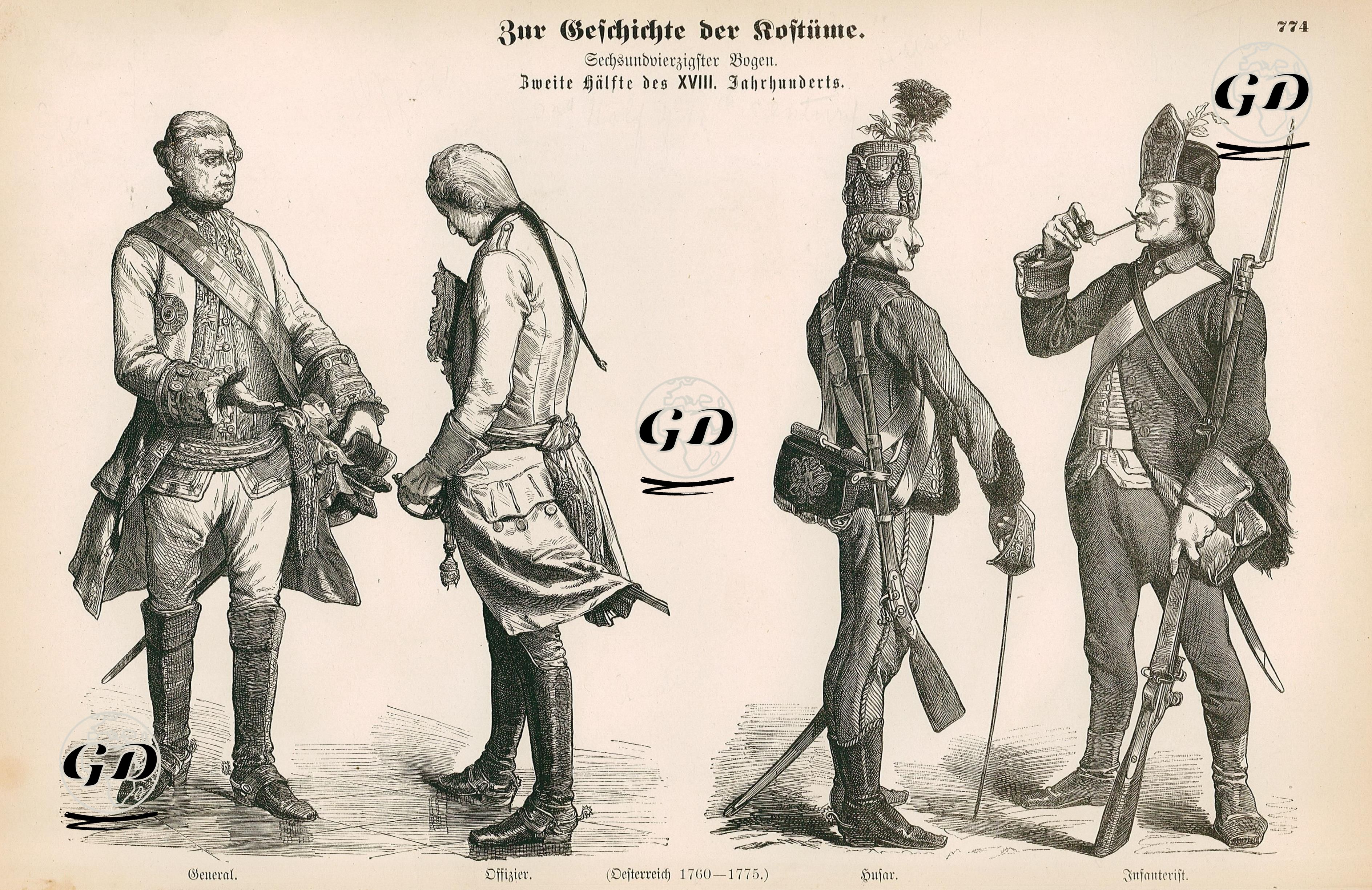 Second Half of Eighteenth Century (Zweite Halfte des XVIII Jahrhundert)-General (General) and Officer (Offizier) Austria (1760-1775) (Osterreich, 1760-1775)- Hussar (Husar) and Infantryman (Infanterist) Austria (1760-1775)  (Osterreich, 1760-1775) -  - 1861-1890's