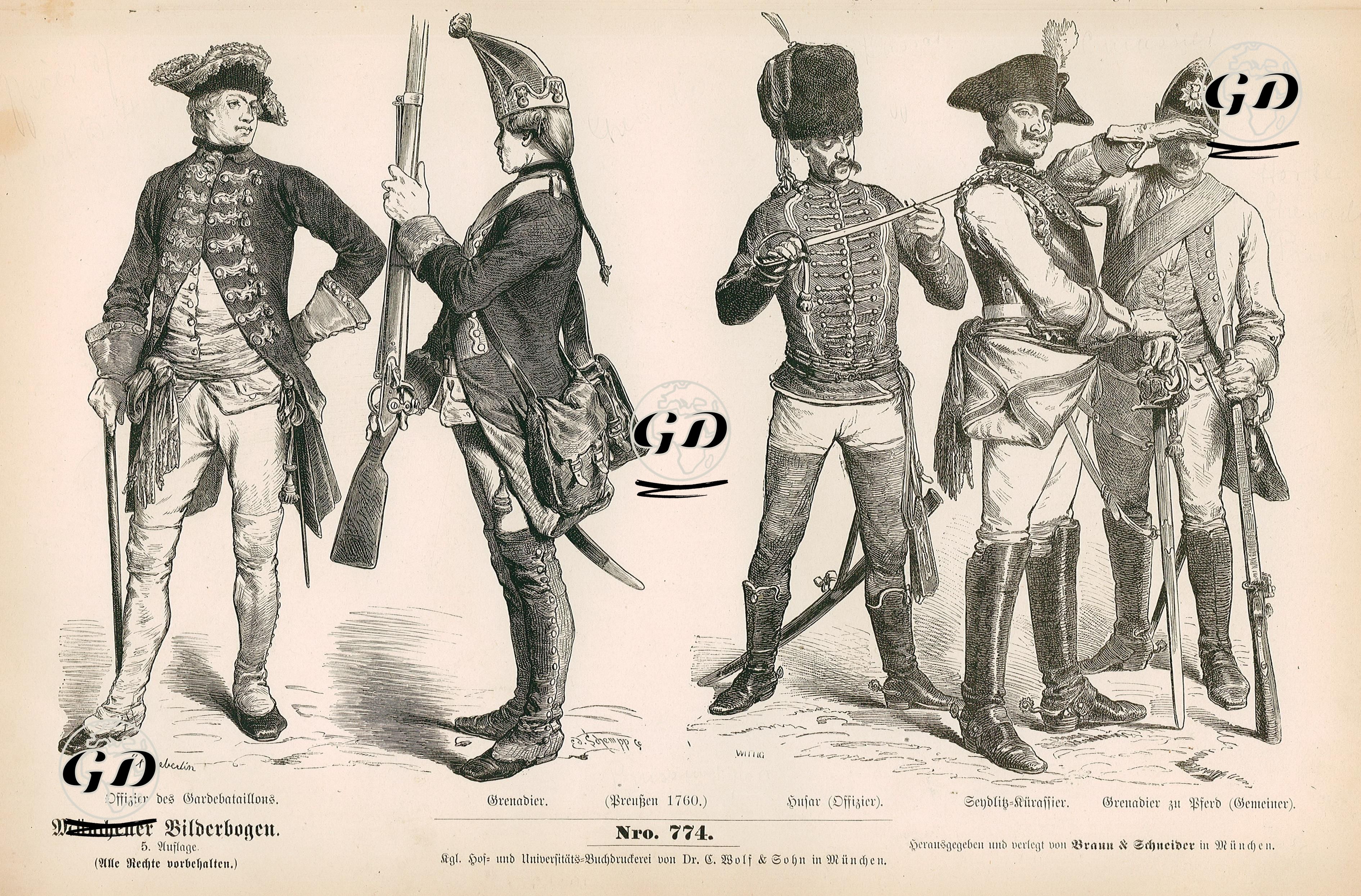 18.Yüzyılın İkinci Yarısında (1750-1799)- 1760 Tarihinde Prusyanın Muhafız Alayının Subayı ve El Bombası Atacak Askeri- 1760 Tarihinde Prusyanın Süvari Subayı,
 Zırhlı Süvari ve El Bombacı Asker -  - 1861-1890's