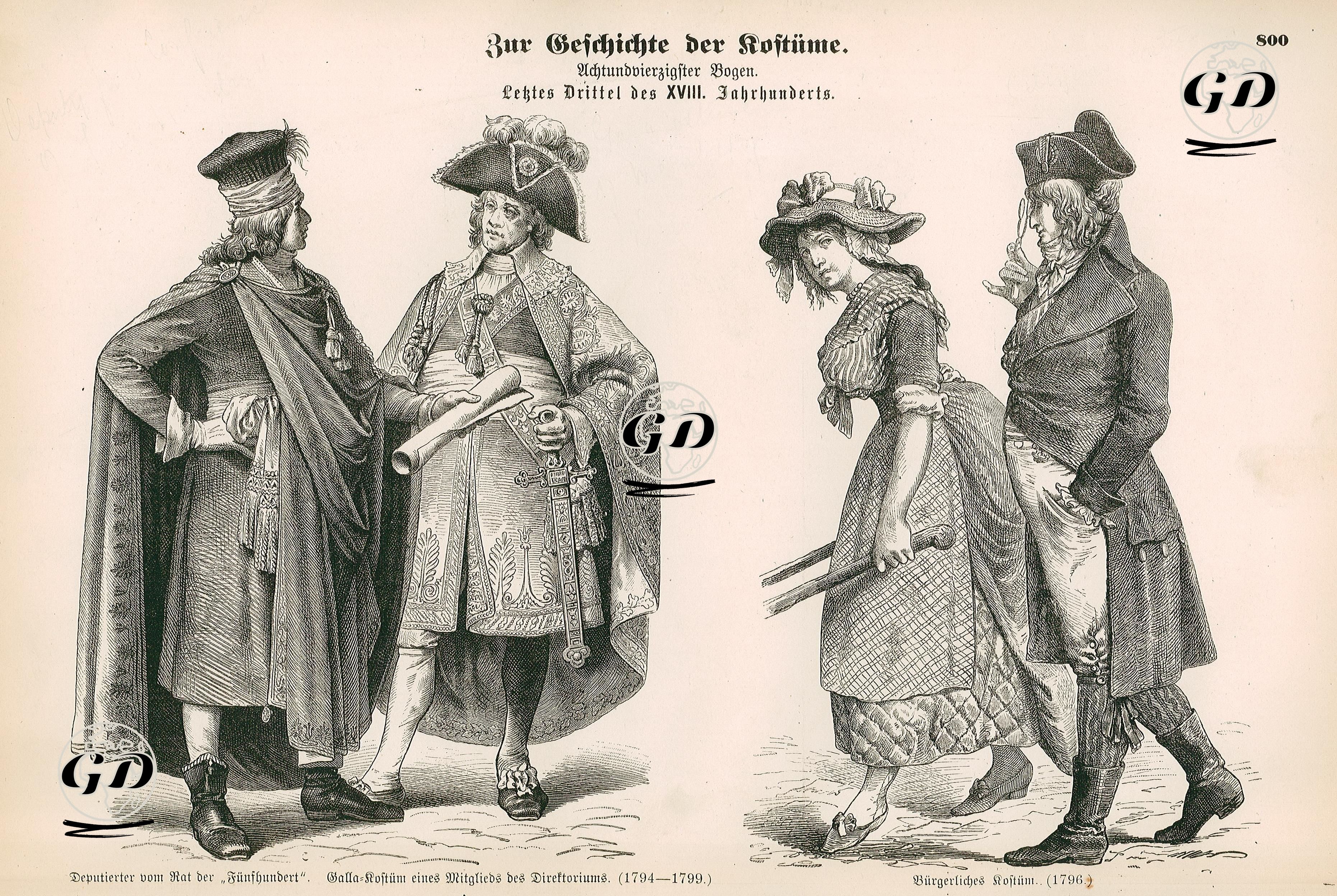 18.Yüzyılın Sonlarında- 1794 ile 1799 Yılları Arası Fransızların Beşyüzler Meclisini Üyesinin Kıyafeti ve Direktuvar Üyesinin Tören Giysisi- 1796 Yılında Fransız Orta Sınıfın 
Kıyafetleri -  - 1861-1890's
