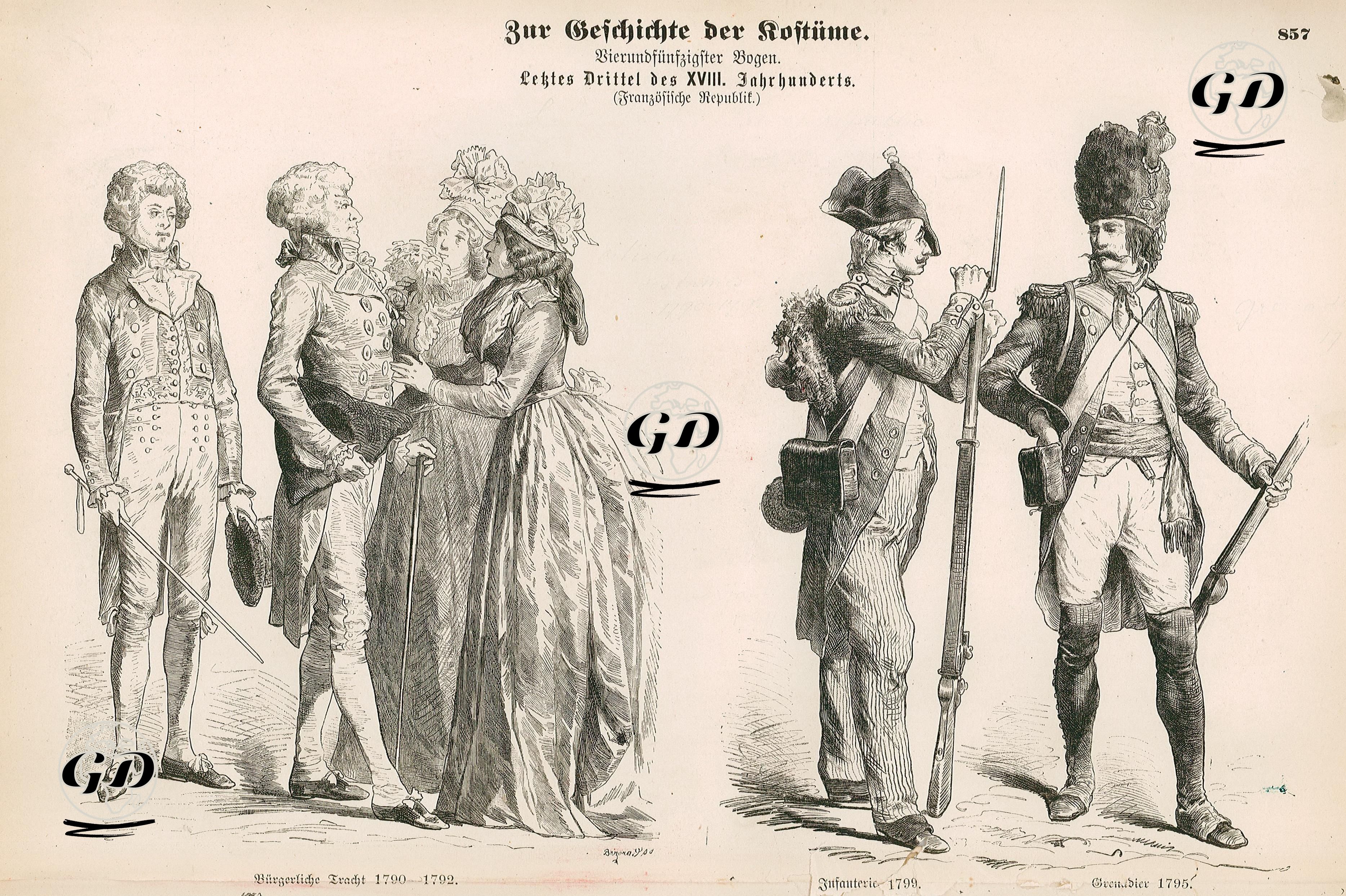 Late 18th Century (Letztes Drittel des XVIII Jahrhundert), French Republic (Franzosische Republik)- Bourgeois (1790 -1792) (Burgerlich Tracht, 1790 -1792)- Infantryman (1799) (Infanterie, 1799) and Grenadier (1795) -  - 1861-1890's