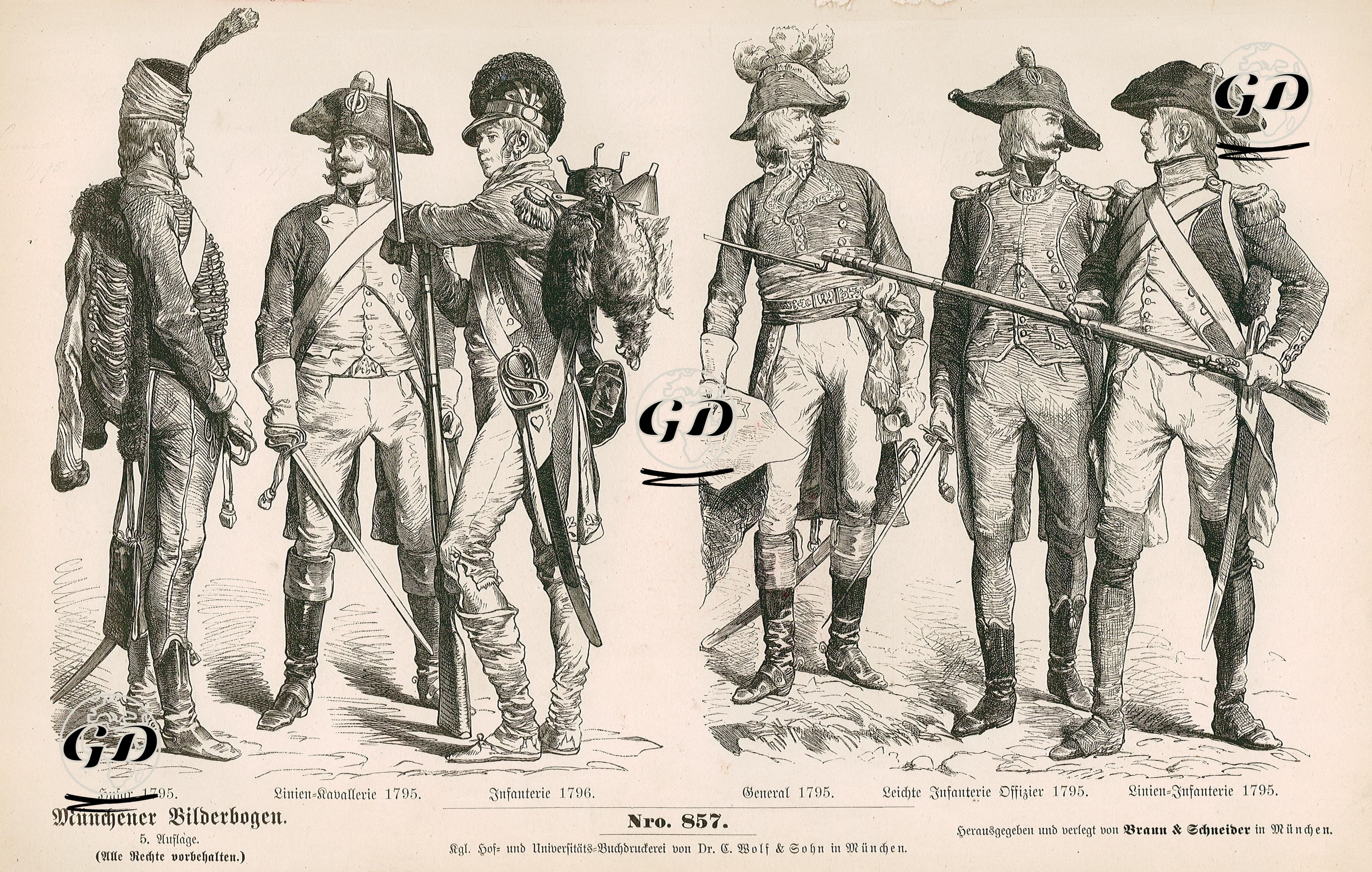 Late 18th Century (Letztes Drittel des XVIII Jahrhundert), French Republic (Franzosische Republik)- Hussar (1795), Line Cavalryman (1795) (Linien-Kavallerie, 1795) and Infantryman (1796) (Infanterie, 1796)- General (1795), Officer of Light Infantry (1795) (Leichte Infanterie Offizier, 1795) and Line Infantryman (1795) ( Linien-Infanterie, 1795) -  - 1861-1890's