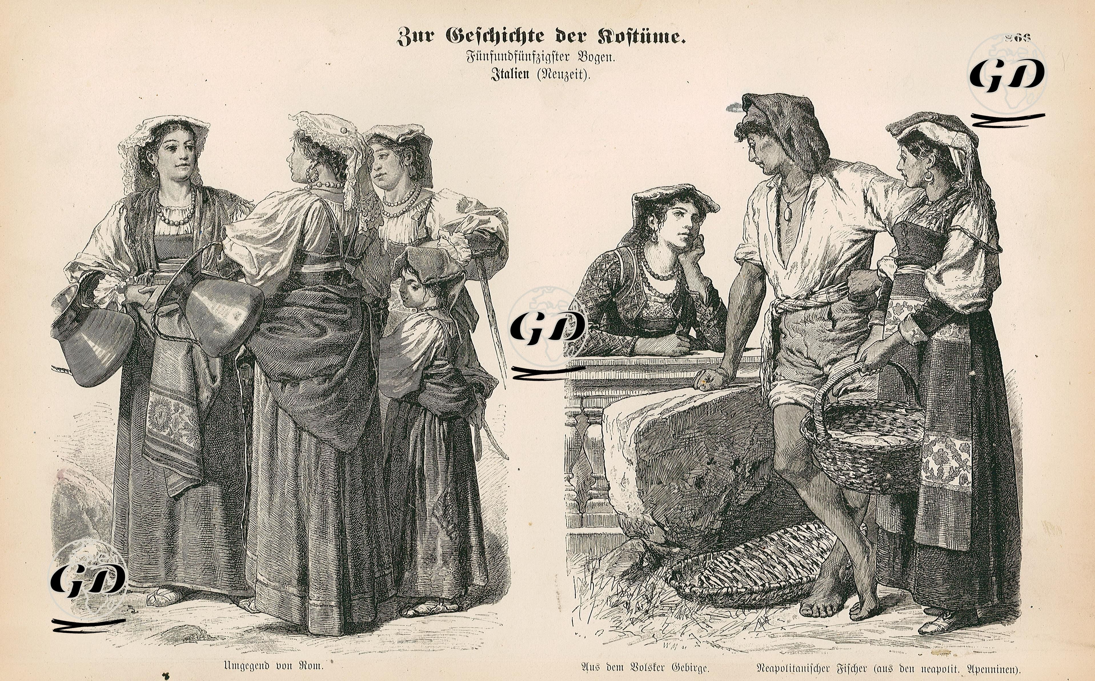 Italian Folk Dress (Italien) (19. Century)- Area Around Rome (Umgegend vom Rom)- Volscian Mountains (Aus dem Volster Gebirge) and Fisherman from Neapolitan Apennines (Neapolitanischer Fischer (aus den Neapolit. Apenninen)) -  - 1861-1890's