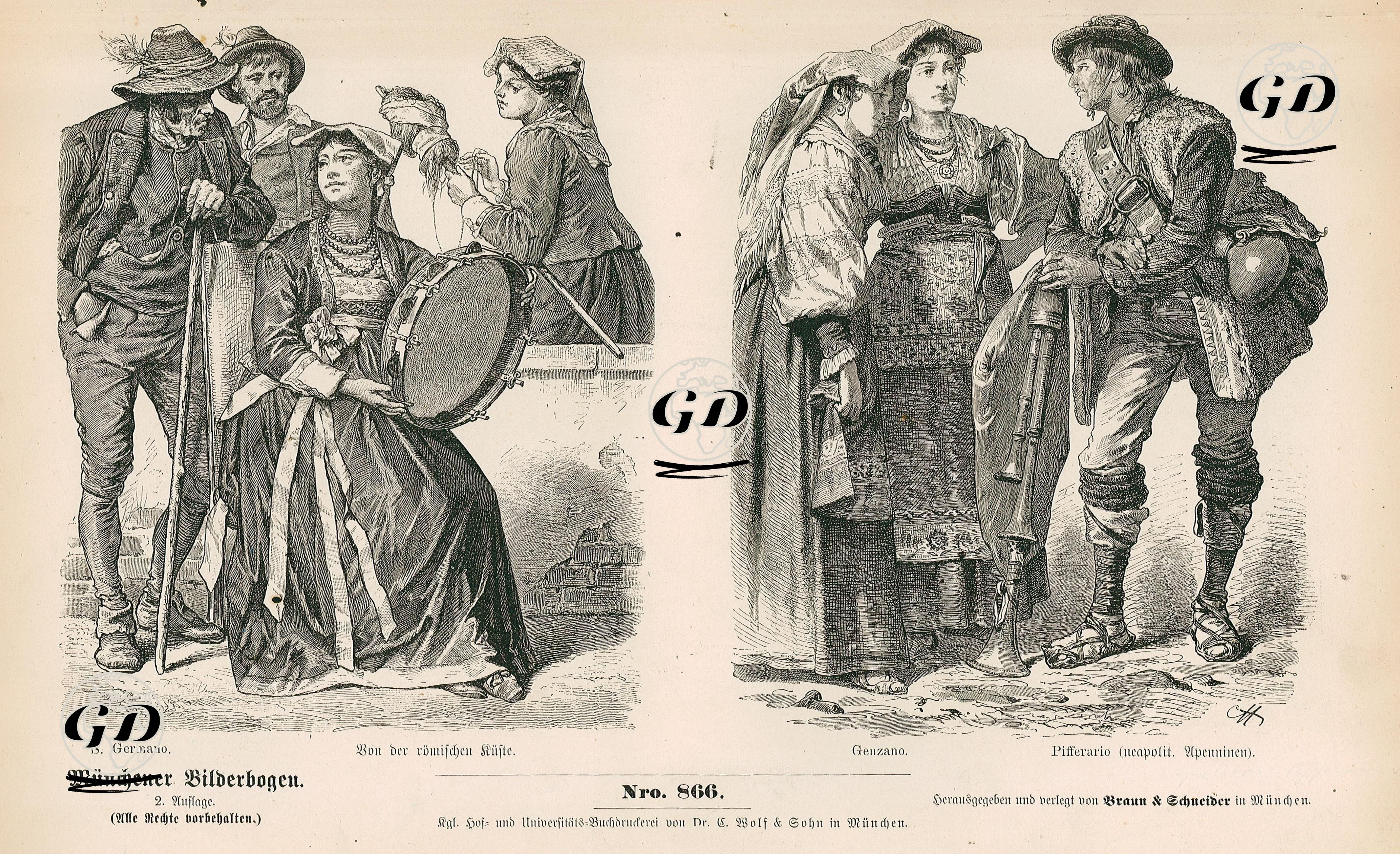 19. Yüzyılda İtalya'nın San Germano, Roma Sahillerinde ve Genzano Bölgelerinde Yaşayan Halkın Kıyafetleri ile İtalyan Gaydacı -  - 1861-1890's