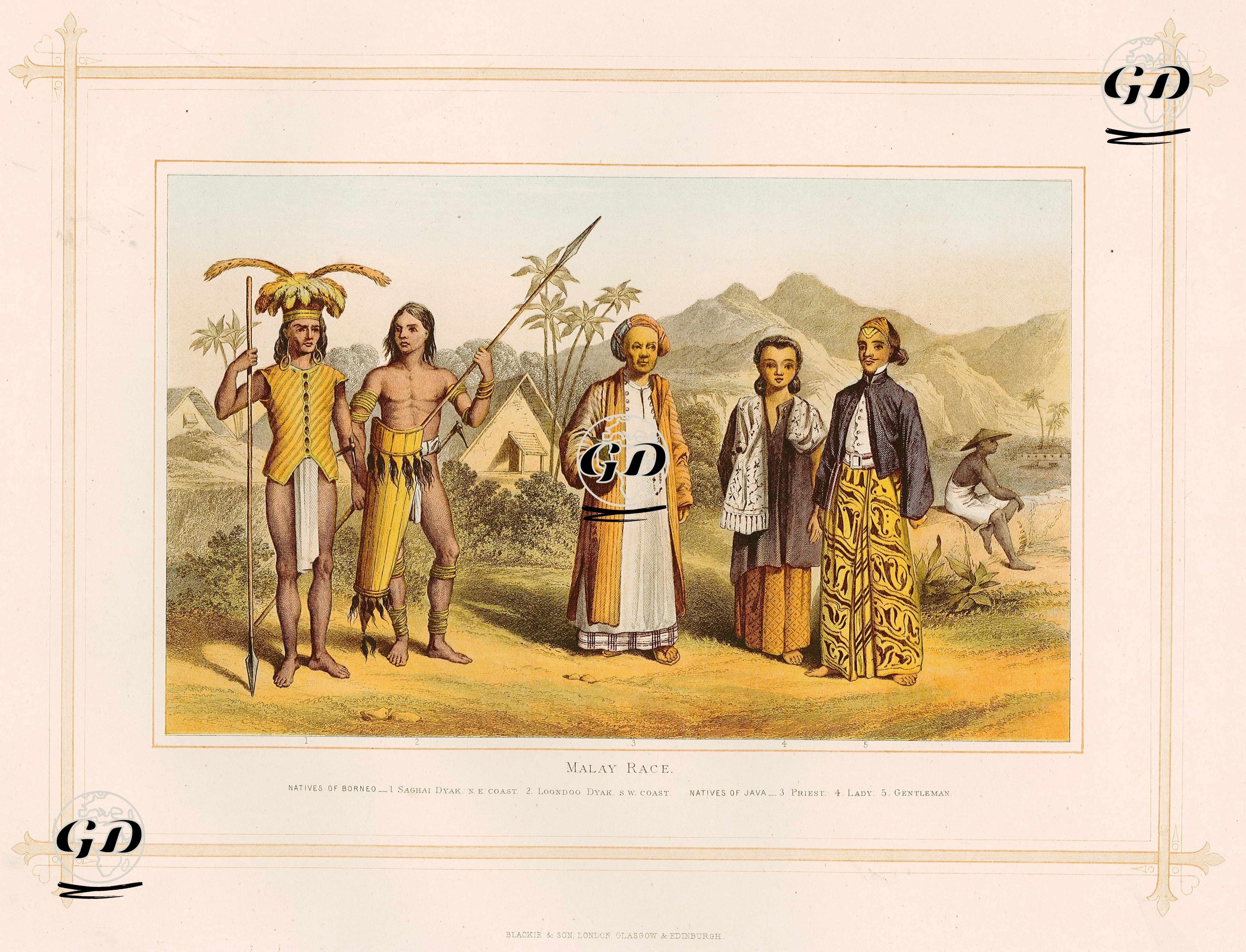 Malay Race-Natives Of Borneo-1.Saghai Dyak N.E.Coast 2.Loondoo Dyak S.W.Coast Natives Of Java-3.Priest 4.Lady 5.Gentleman   -  - 1882