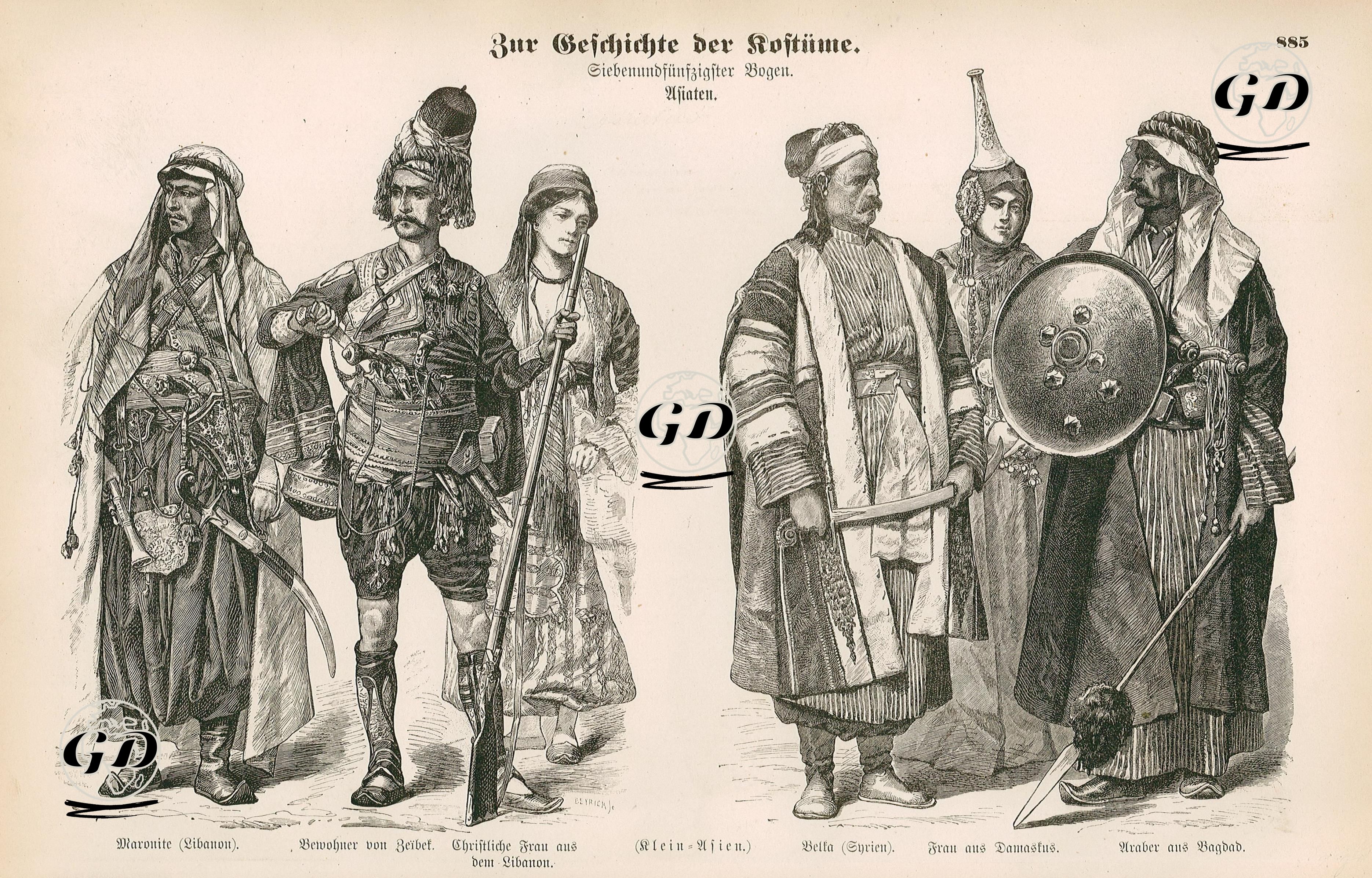 Asya-Lübnan'dan Marunili Erkek, Zeybek ve Lübnan'dan Hristiyan Kadın Kıyafeti- Suriye Belka'dan Bir Erkek, Şam'dan Bir Kadın ve Bağdat'tan Bir Arabın Kıyafeti -  - 1861-1890's
