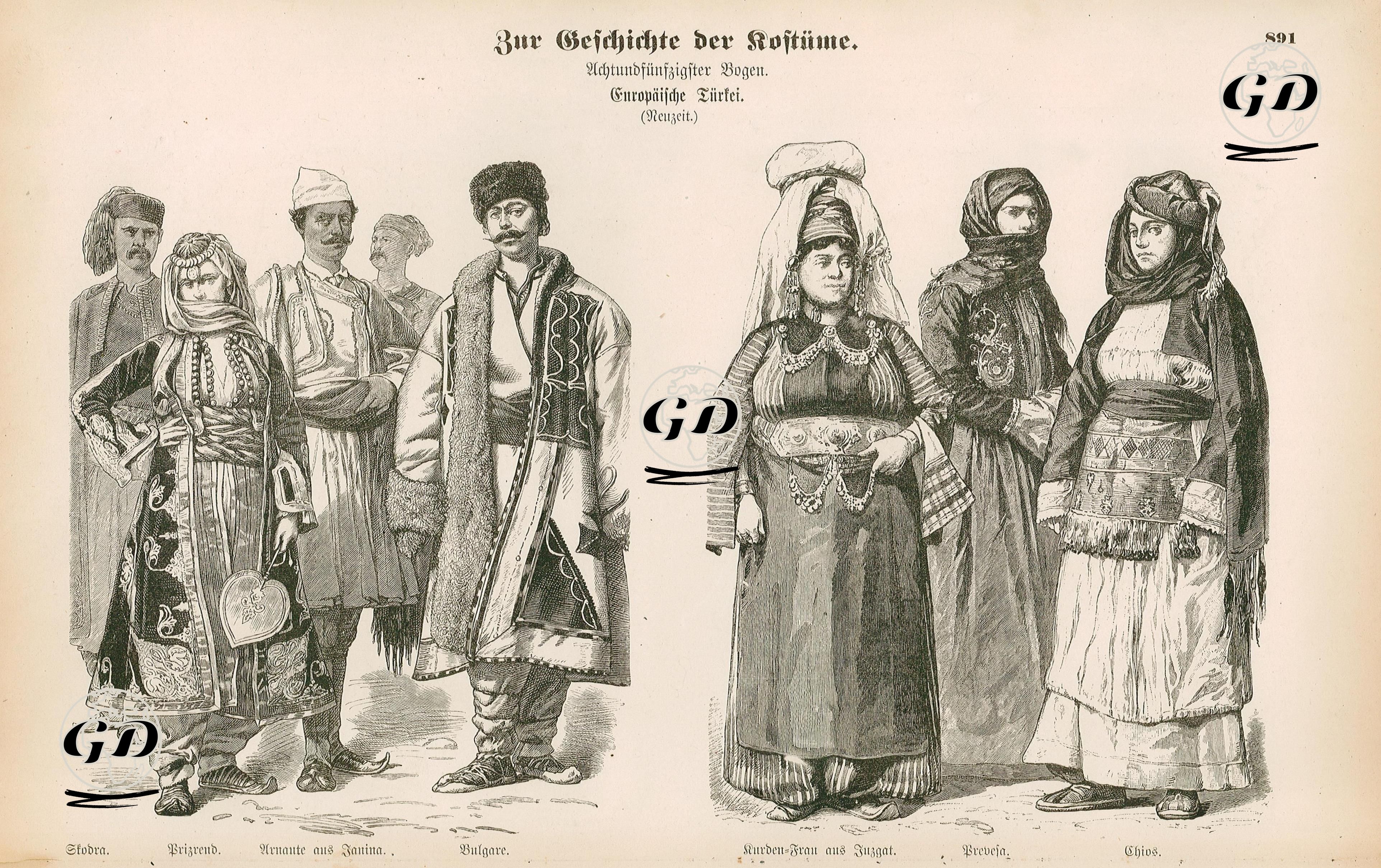 19.Yüzyılda Türkiye'nin Avrupa Bölümünde Yaşayanların Kıyafetleri- İşkodra ve Prizren Şehrinde Yaşayanlar ve Yanini'den Arnavutlar ile Bulgarlar- Kürt Kadın ile Preveza Şehri ve Sakız Adasnda Yaşayan Kadınların Kıyafetleri -  - 1861-1890's