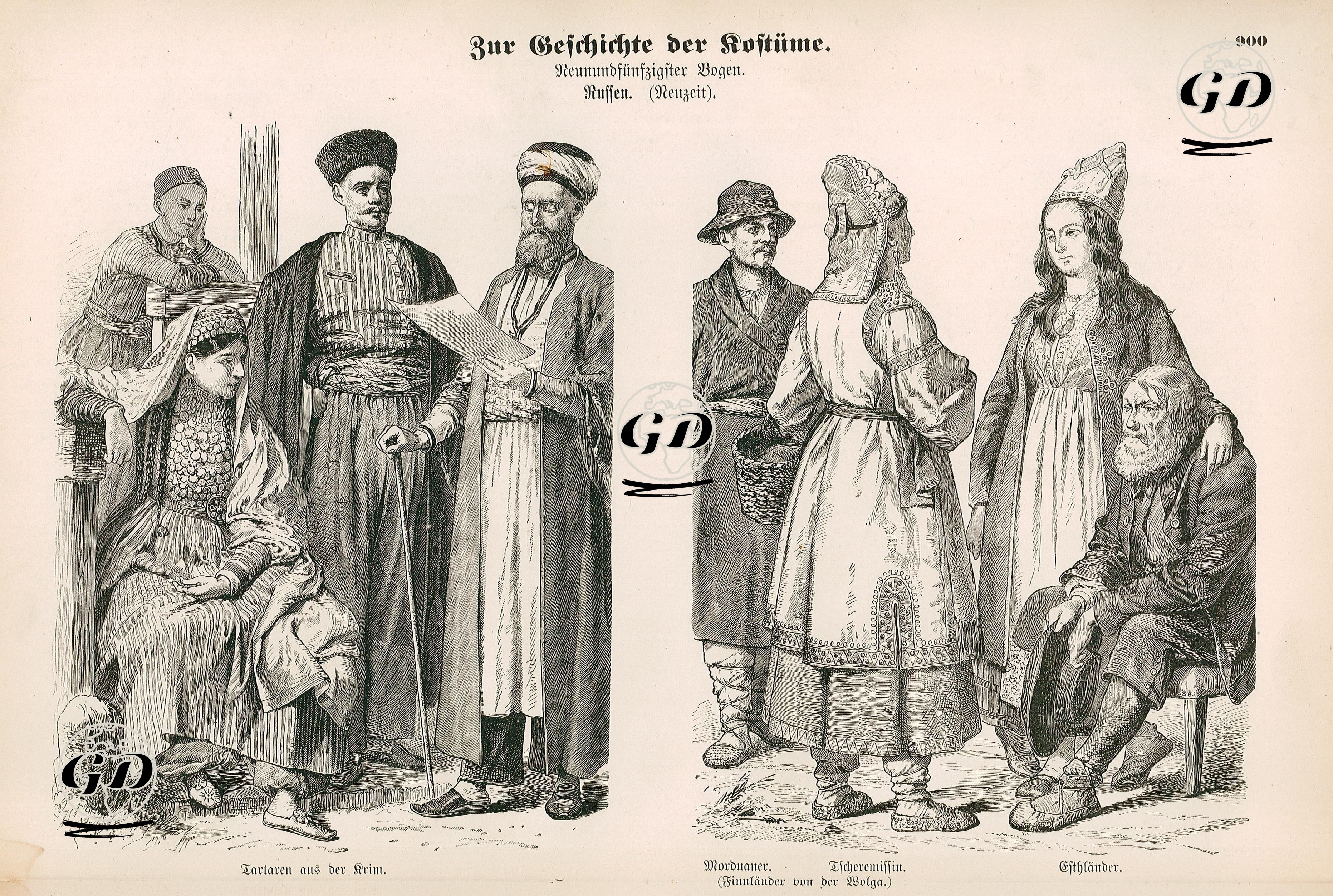 Russian Folk Dress(Russen, Neuzeit) (19.Century)-Tartars from the Crimea(Tartaren aus der Krimm)- Mordvin (Volga Finn) (Mordauer), Cheremiss (Mari) Woman (Tschermissin), Estonians(Esthlander (Finnlander von der Wolga)) -  - 1861-1890's