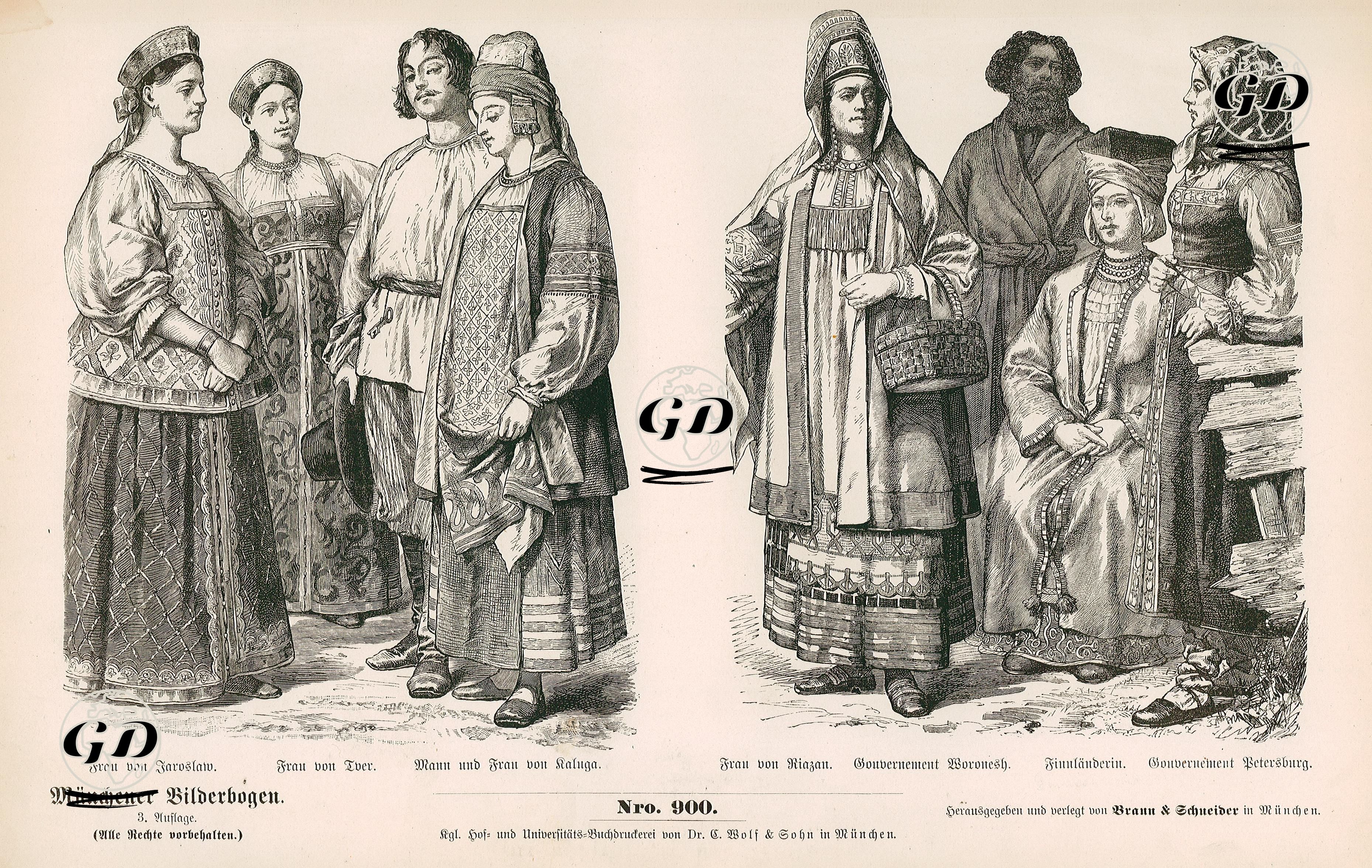 Russian Folk Dress(Russen, Neuzeit) (19.Century)- Woman from Jaroslaw (Frau von Taroslaw), Woman from Tver (Frau von Iver) and Man and Woman from Kaluga (Mann und Frau von Kaluga)- Woman from Ryazan(Frau von Riazan), Guberniya of Vornezh(Gouvernement Woronesh), Finnish Woman (Finnlanderin), Guberniya of St.Petersburg (Gouvernement Petersburg;) -  - 1861-1890's