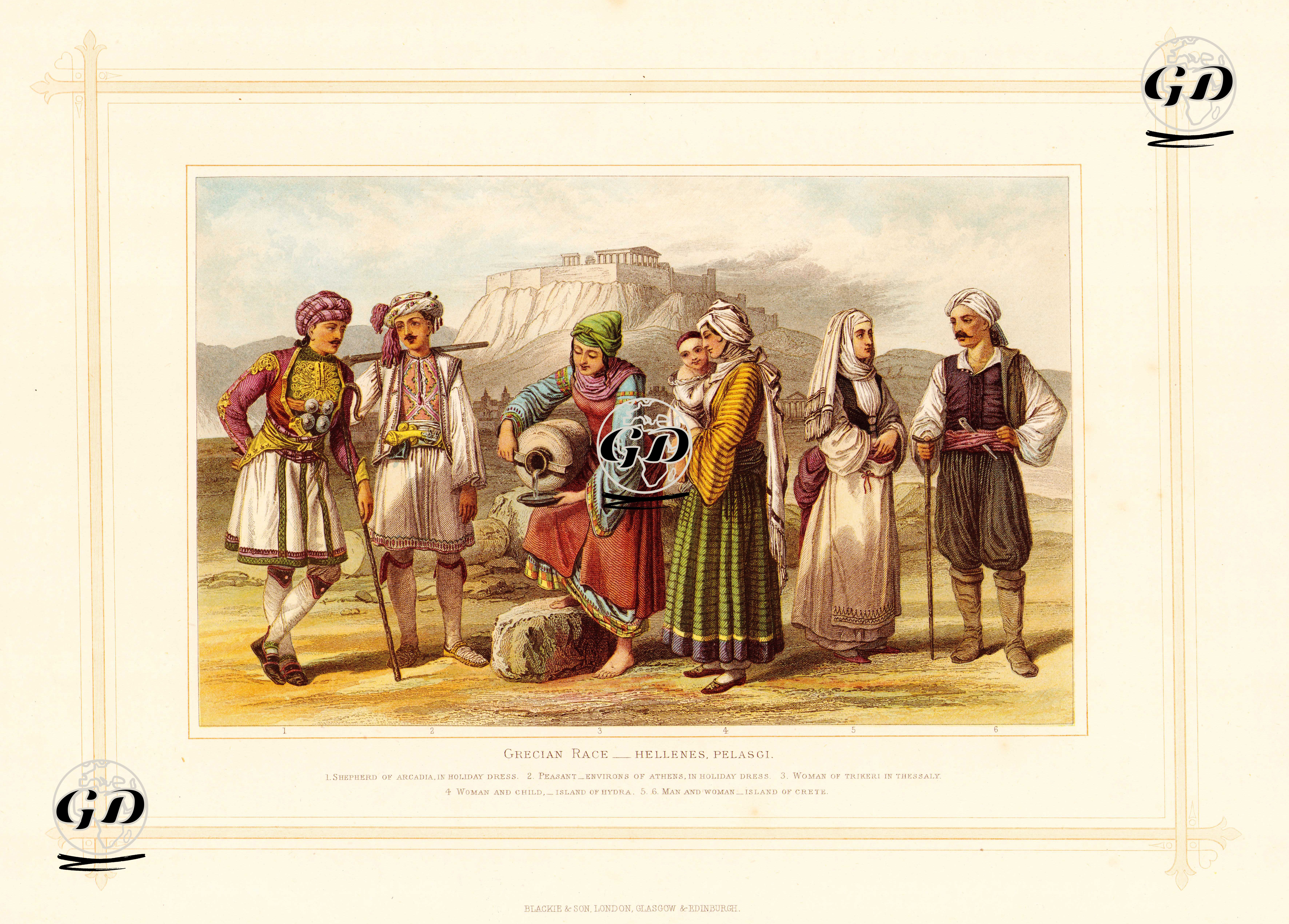 Yunan Irkı-Helenler. Pelasglar 1.Şenlik Kıyafeti ile Arcadialı Çoban 2.Şenlik Kıyafeti İle Atina Dolaylarından Bir Köylü 3.Teselya Bölgesinden Trikerili Kadın 4.Hydra Adasından Bir Kadın ve Çocuk 5.6.Girit Adasından Kadın Ve Erkek -  - 1882