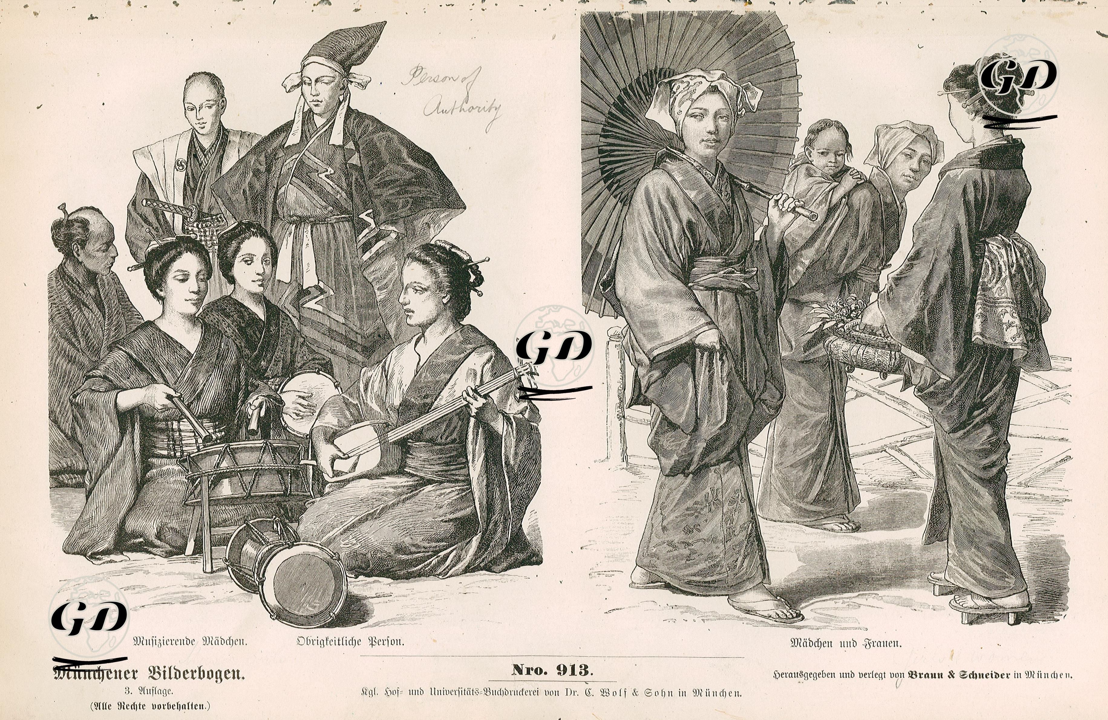Japaner (Japanien)-Girl Musicians ( Musizierende Madchen) and An Authority (Obrigkeitliche Person)- Girls and Women ( Madchen und Frauen) -  - 1861-1890's