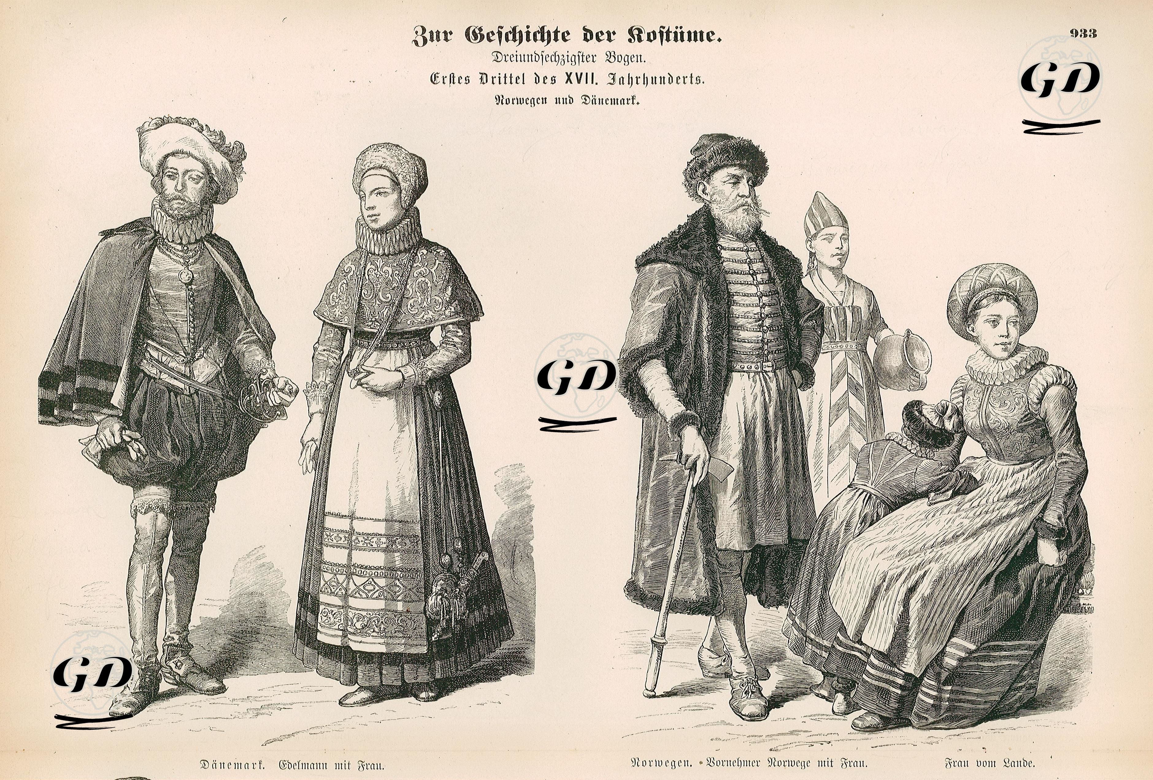 17.Yüzyılın Birinci Döneminde (1600-1633) Norveç ve Danimarka- Danimarkalı Evli Erkek ve Kadın Kıyafetleri- Norveçli Evli Erkek ve Kadın ile Köylü Kadın Kıyafetleri -  - 1861-1890's