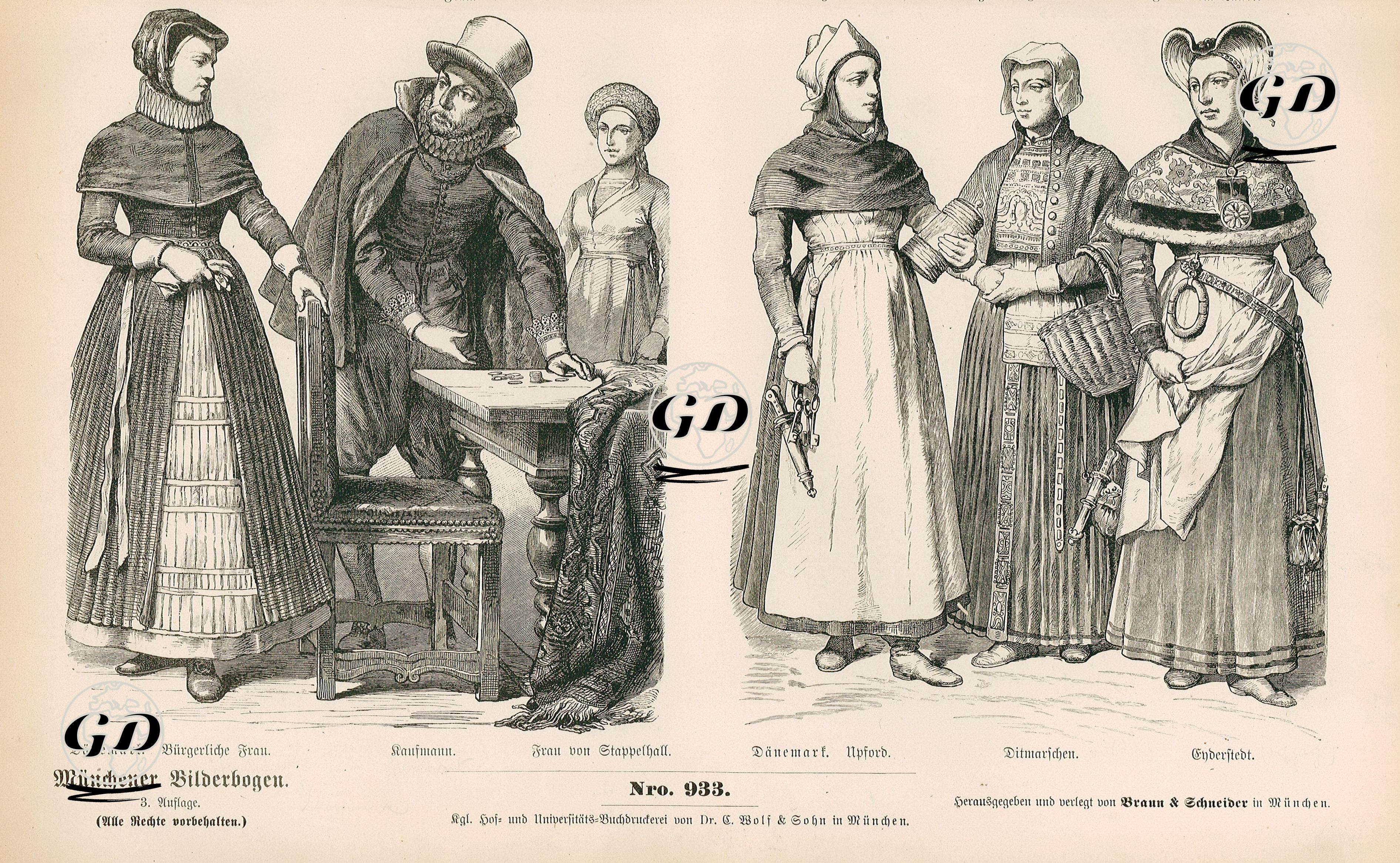 17.Yüzyılın Birinci Döneminde (1600-1633) Danimarka- Danimarkalı Şehirli Kadın, Tüccar ve Kadın Kıyafetleri- Danimarka'nın(Günümüzde Almanya) Upford, Dithmarschen and Eiderstadt Bölgelerinde Yaşayan Danimarkalı Kadınların Kıyafetleri -  - 1861-1890's