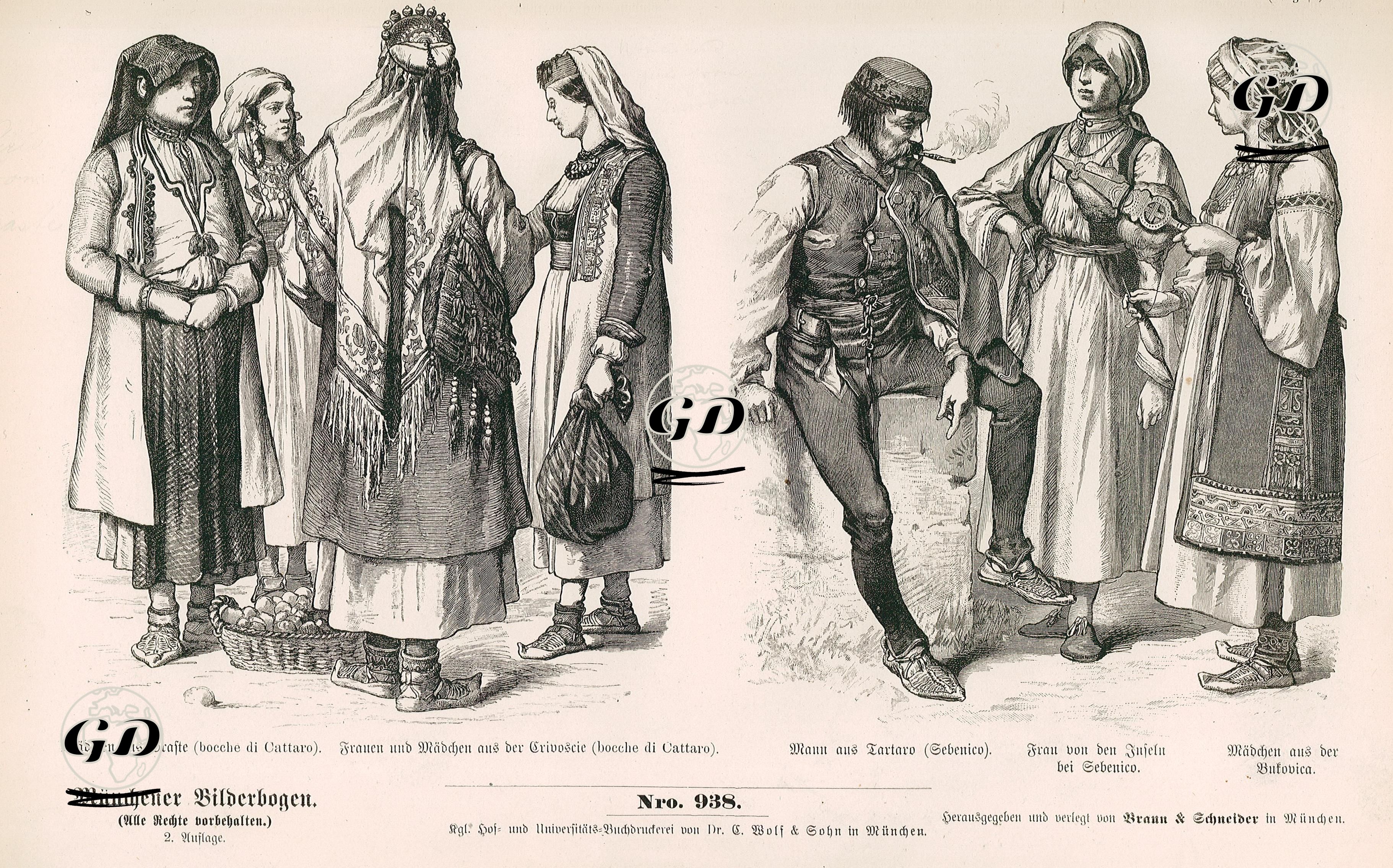 Dalmatia- Girl from Draste Boka Kotorska (Madchen aus Draste (Bocche de Cattaro)), Women and Girl from Kuzevice Boka Kotorska (Frauen und Madchen aus der Crivoscie (bocche di Cattaro))- Man from Tartaro Near Sibenico (Sebenico) (Mann aus Tartaro (Sebenico)), Woman from the Islands off Sibenik (Frau von den Inseln bei Sebenico) and Girl from Bukovica (Madchen aus der Bukovica) -  - 1861-1890's
