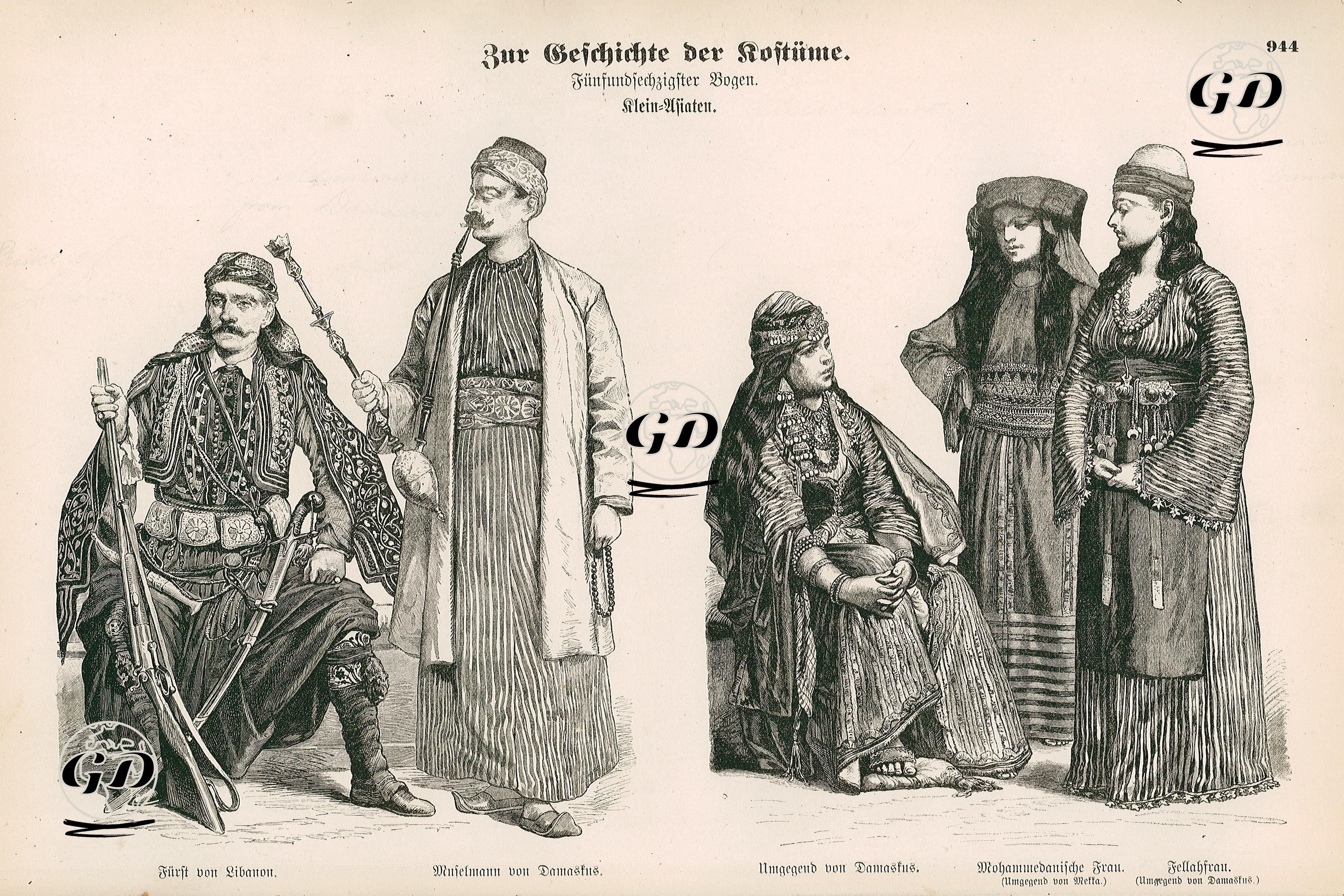 Near East(Asia Minor) ( Klein Asiaten)- Prince of Lebanon (Furst von Libanon) and Moslem of Damascus (Muselmann von Damaskus)- Vicinity of Damascus (Umgegend von Damaskus), Moslem Woman Vicinity of Mecca (Mohammedanische Frau (Umgegend von Mekka)), Fellah Woman Vicinity of Damascus (Fellahfrau (Umgegend von Damaskus)) -  - 1861-1890's