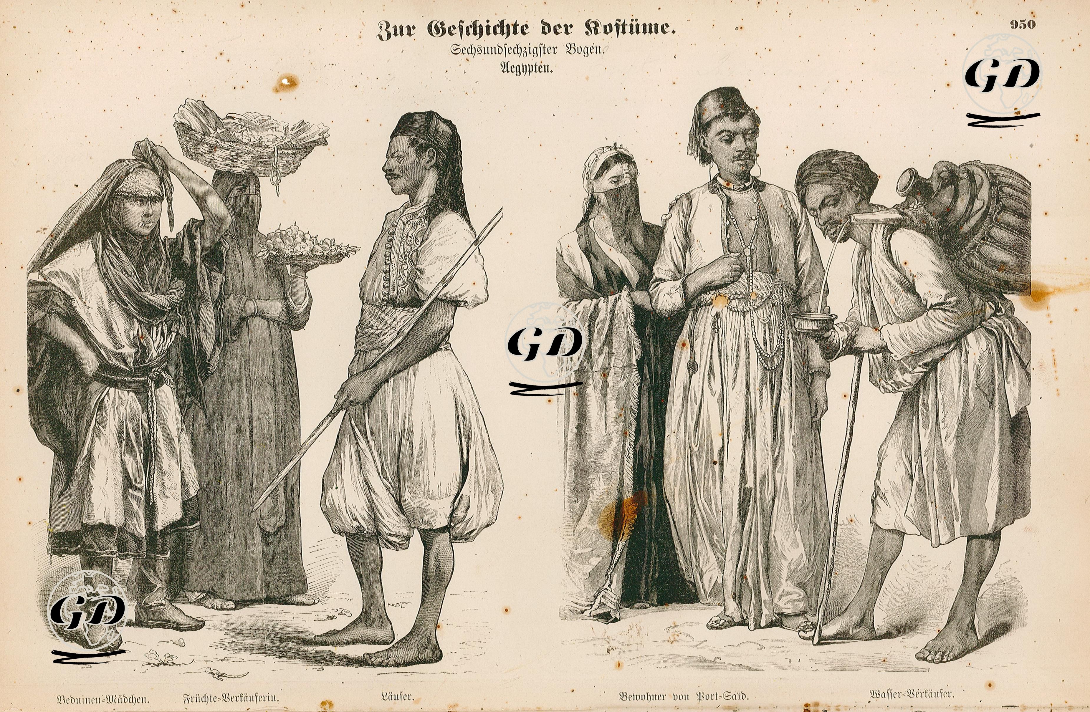 Egypt ( Aegypten)- Bedouin Girl (Beduinen Madchen), Fruit Vendor (Fruchte Berkauferin) and Messenger (Laufer)- Inhabitants of Port Said (Bewohner von Port Said) and Water Seller (Wasser Verkaufer)  -  - 1861-1890's