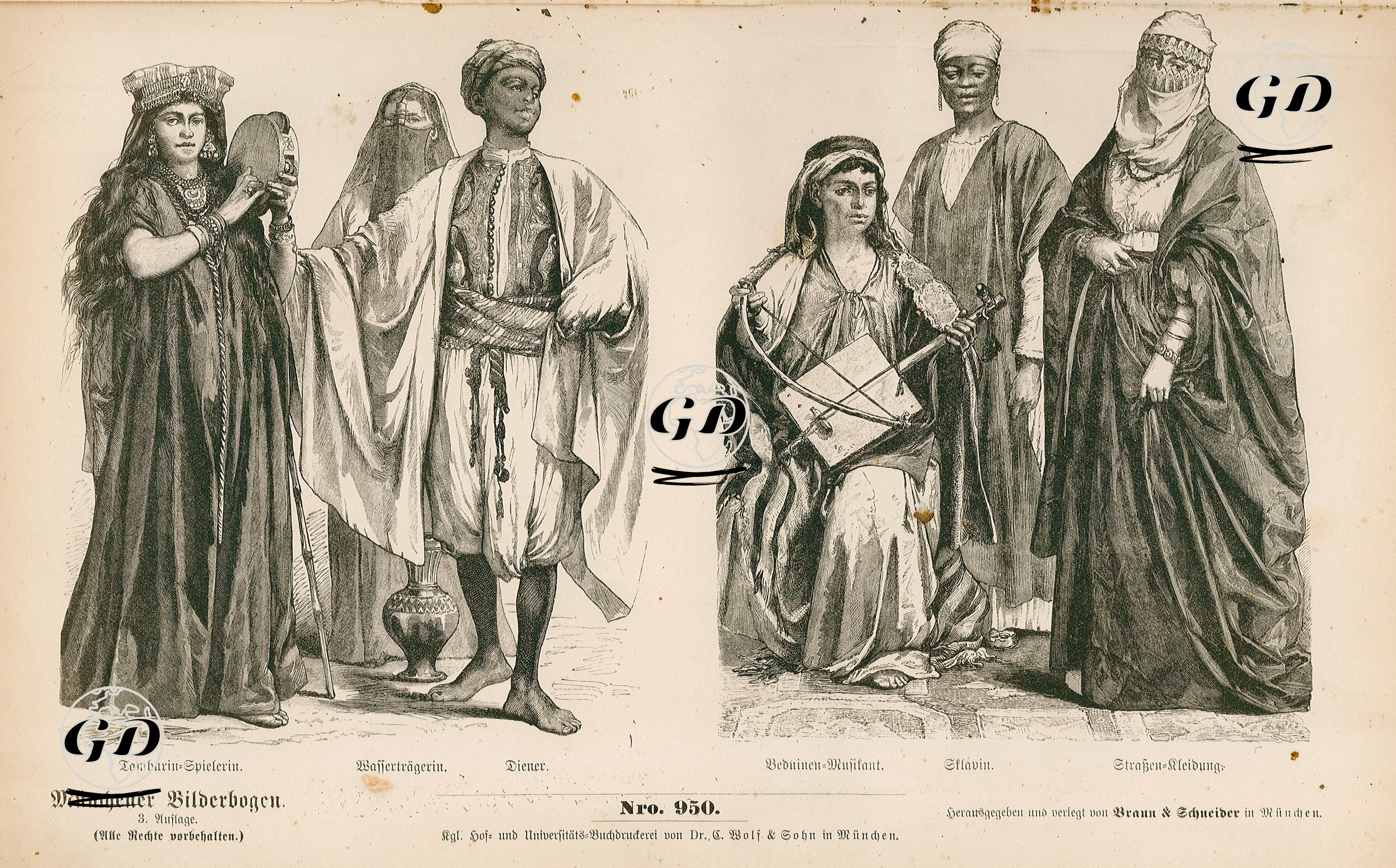 Egypt ( Aegypten)- Tambourine Player (Tamburin Spielerin), Water Carrier (Wassertragerin), Servant (Diener)- Bedouin Musician (Beduinen Misikant), Slave Girl (Sklavin), Street Dress (Strassen Kleidung) -  - 1861-1890's