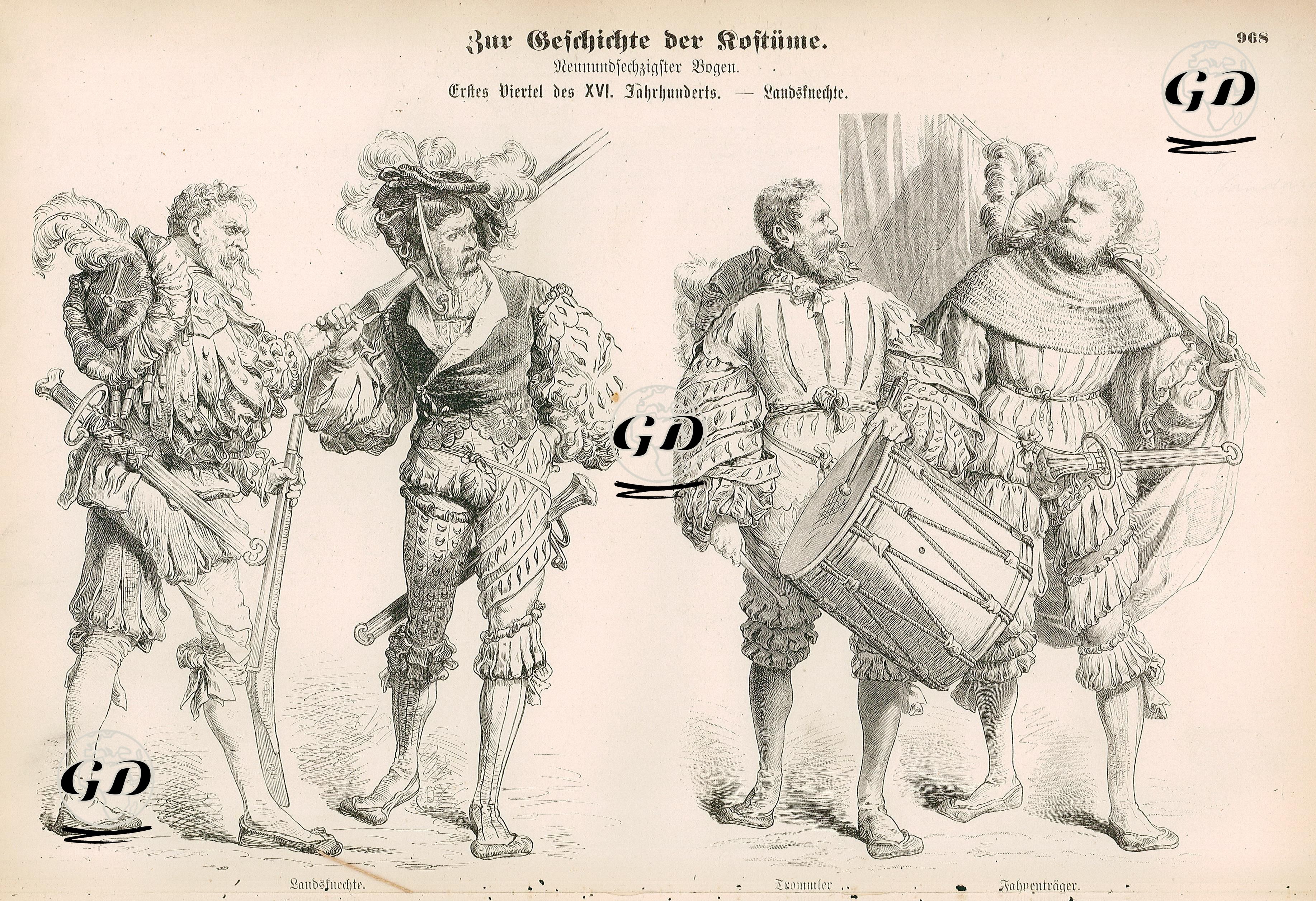 16.Yüzyılın Birinci Döneminde (1500-1533), Landsknechtler(Alman Paralı Askerler)- Askerler- Davul Çalan Asker ve Sancaktar Üniformaları -  - 1861-1890's