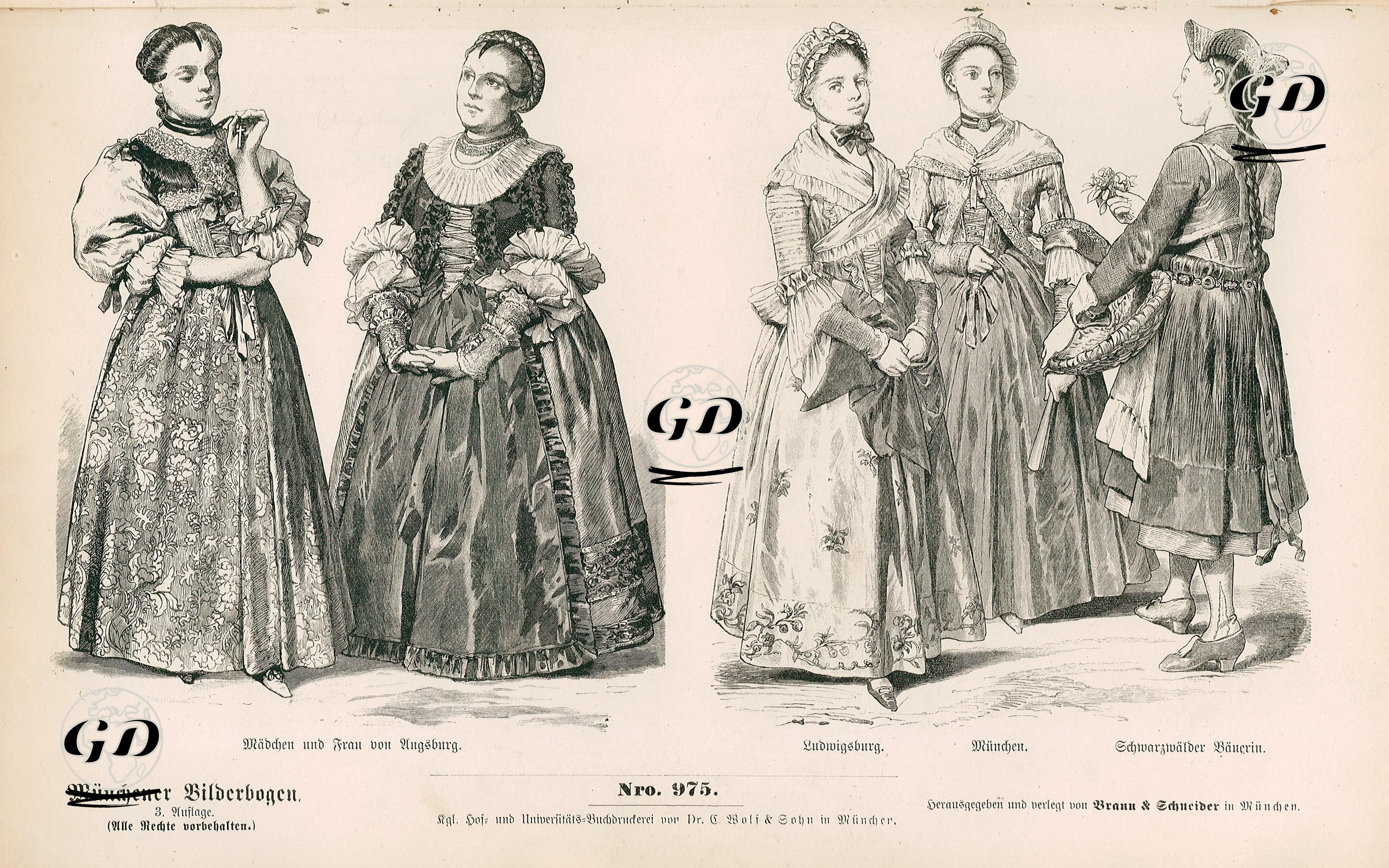 18.Century (1770-1790) (XVIII Jahrhundert (1770-1790)), Costume Of Middle Class- Girl and Woman from Augsburg (Madchen und Frau von Augsburg)- Ludwigsburg, Munich(Munchen) and Black Forest Peasant Girl (Schwarzwalder Bauerin)  -  - 1861-1890's