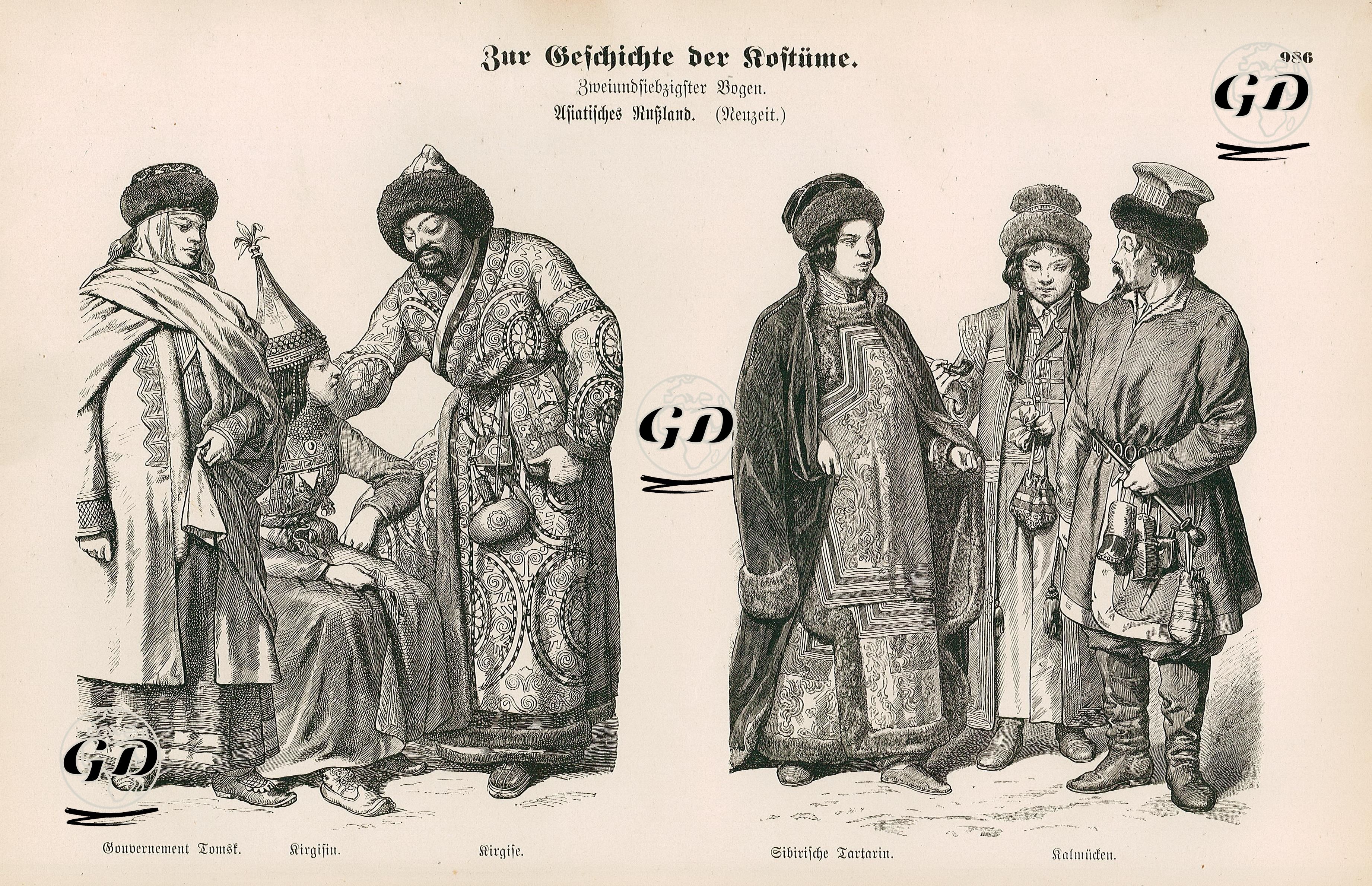 Asiatic Russia (Asiatisches Russland) (19.Century)- Guberniya of Tomsk ( Gouvernement Tomsk), Kirghiz Woman(Kirgisin) and Man(Kirgise)-  Siberia Tartar Woman (Sibiriche Tartarin), Kalmucks (Kalmuchen) -  - 1861-1890's