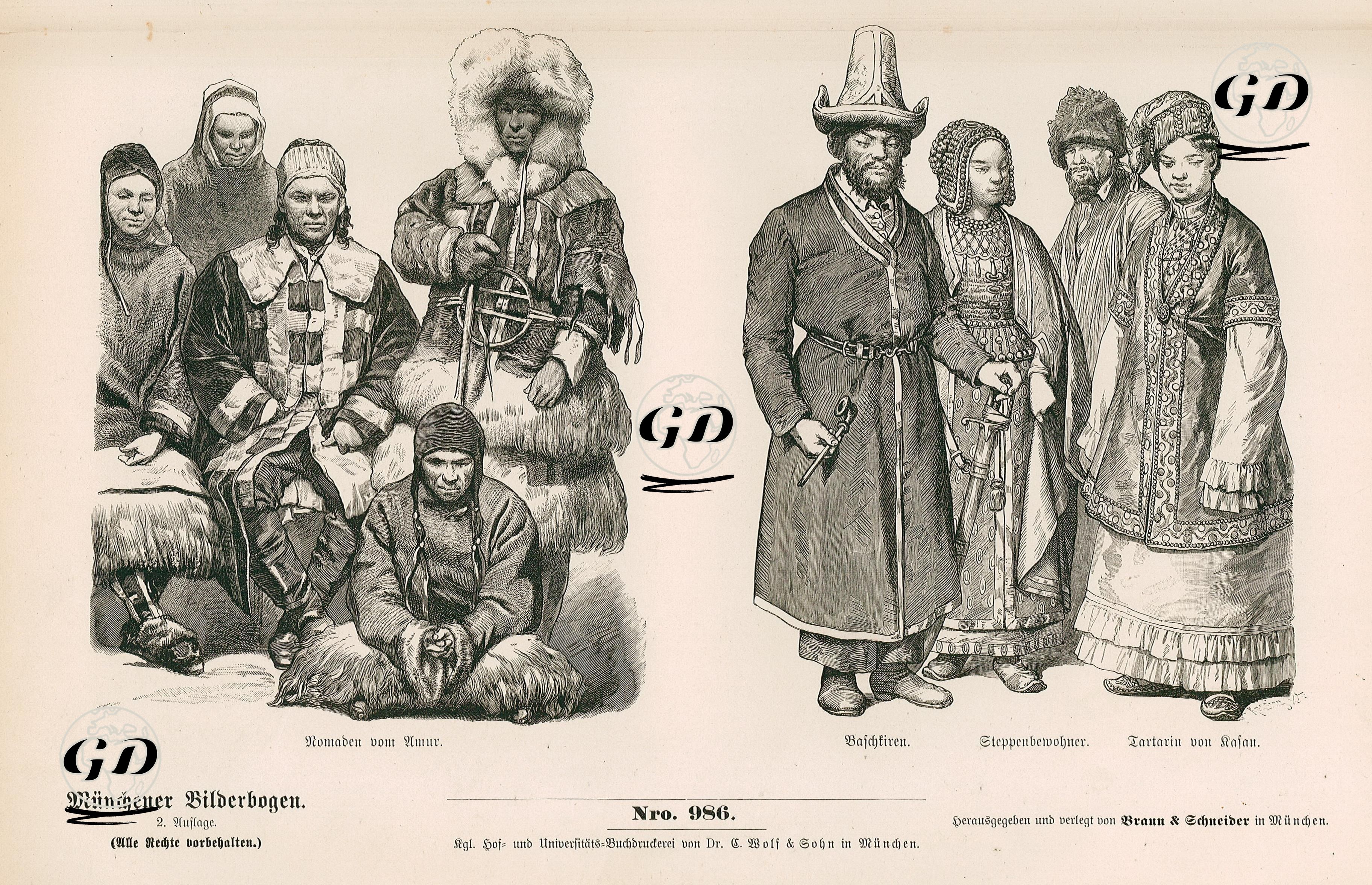 Asiatic Russia (Asiatisches Russland) (19.Century)- Nomads from Amur (Romaden vom Amur)- Bashkirs (Baschkiren), Steppe Dweller (Steppenbeiwohner) and Tartar Woman from Kazan (Tartarin von Kasan) -  - 1861-1890's