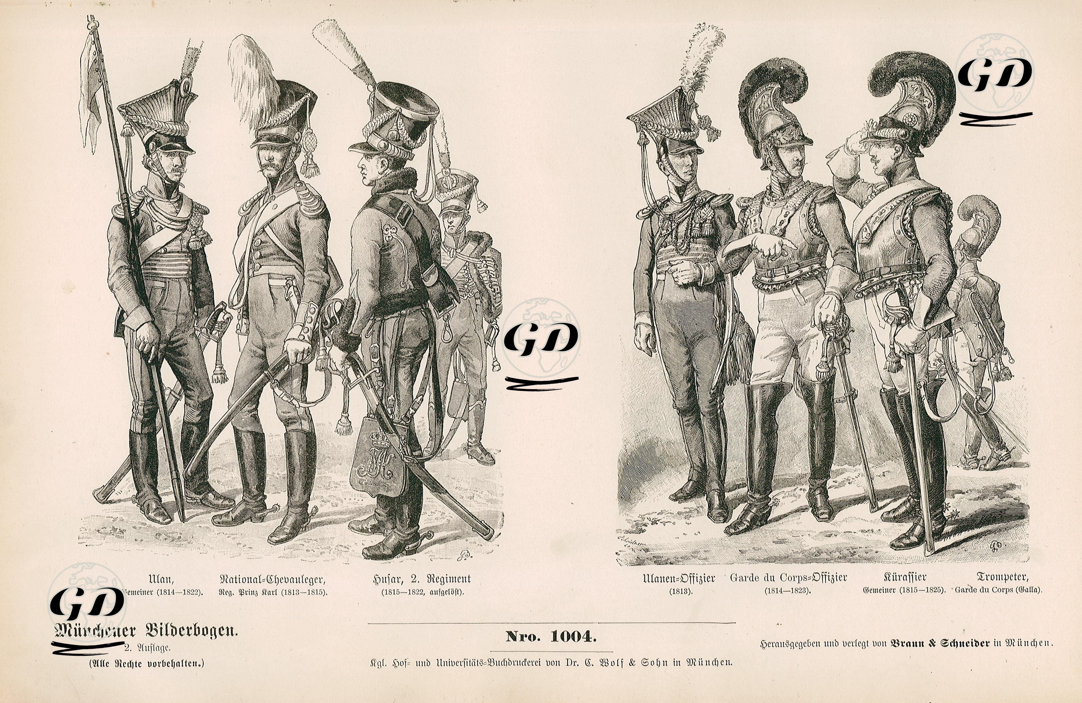 19 Yüzyılda Bavyera (Almanya) Ordusu- 1814-1822 Yılları Arası Alman Mızraklı Süvari Askeri, 1813-1815 Yılları Arası Hafif Süvari Alayı Üyesi ve 1815-1822 Yılları Arası 2.Alayın Hafif Süvari Askeri- 1813 Yılında alman Mızraklı Süvari Subayı, 1814-1823 Yılları Arası Muhafız Alayı Subayı,  1815-1825 Yılları Arası Süvari Muhafız Alayı Subayı ve Muhafız Alayının Trompetçisi(Borazancısı) -  - 1861-1890's