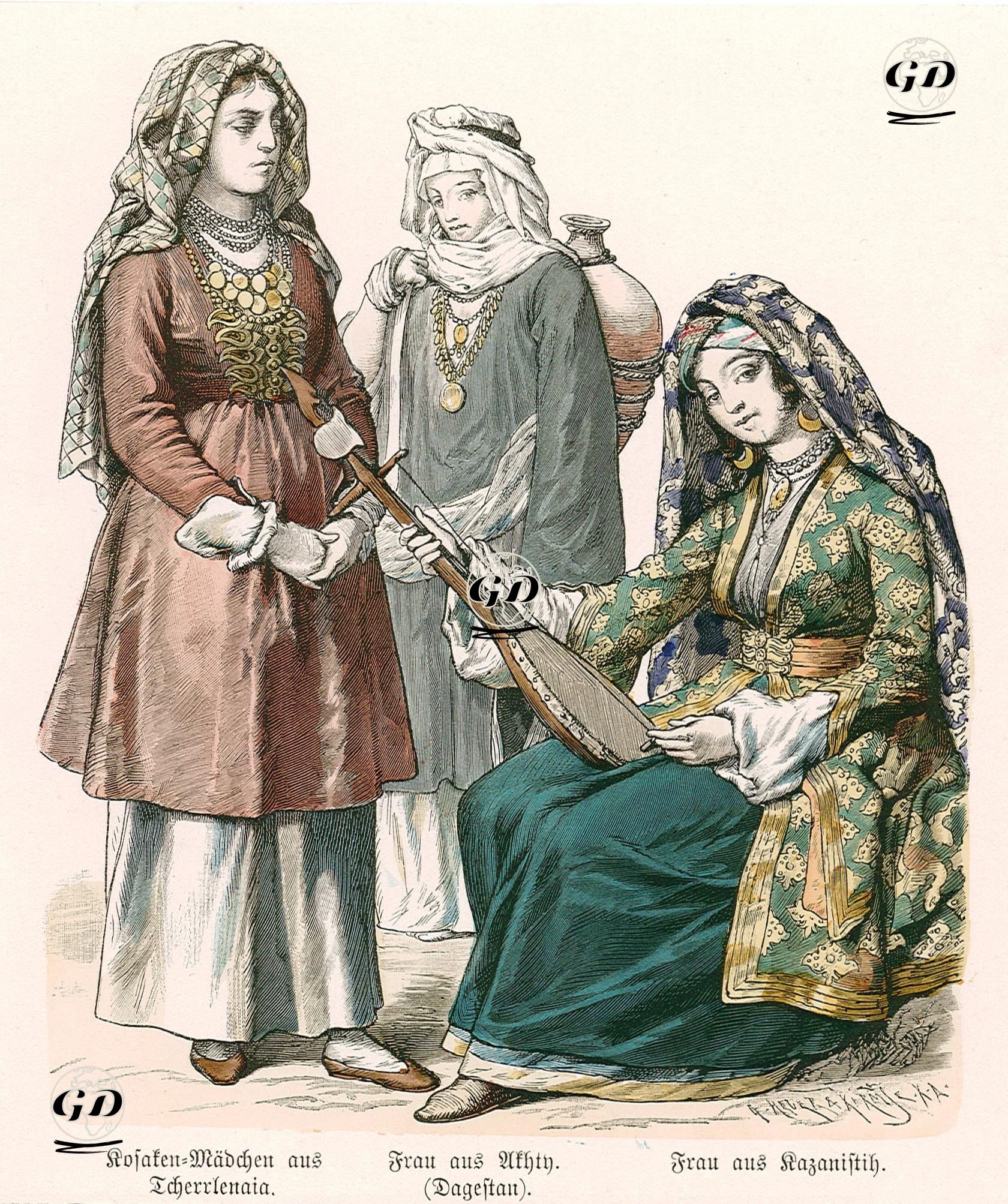 19.Yüzyılda Kafkasya-Tcherrlenaia'dan Kazak Kız, Dağıstan'ın Akhty Yöresinden Kadın ve Kazanistih'den Bir Kadın -  - 1861-1890's