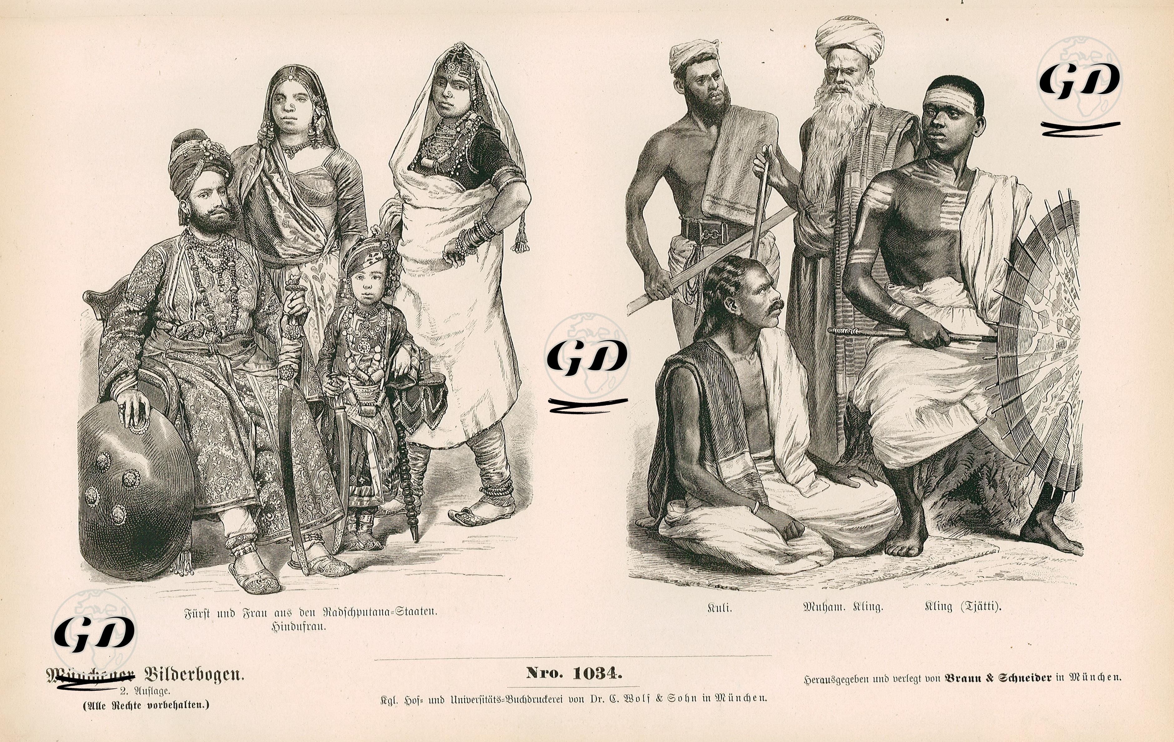 East India (Ostindien) India and Malaysia (19.Century)- Prince and Woman of Rajputana (Furst und Frau ans den Radfchputana Staaten) and  Hindu Woman (Hindufrau)- Coolie(Kuli), Muham (Muham Kling), Kling (Tjetti) -  - 1861-1890's