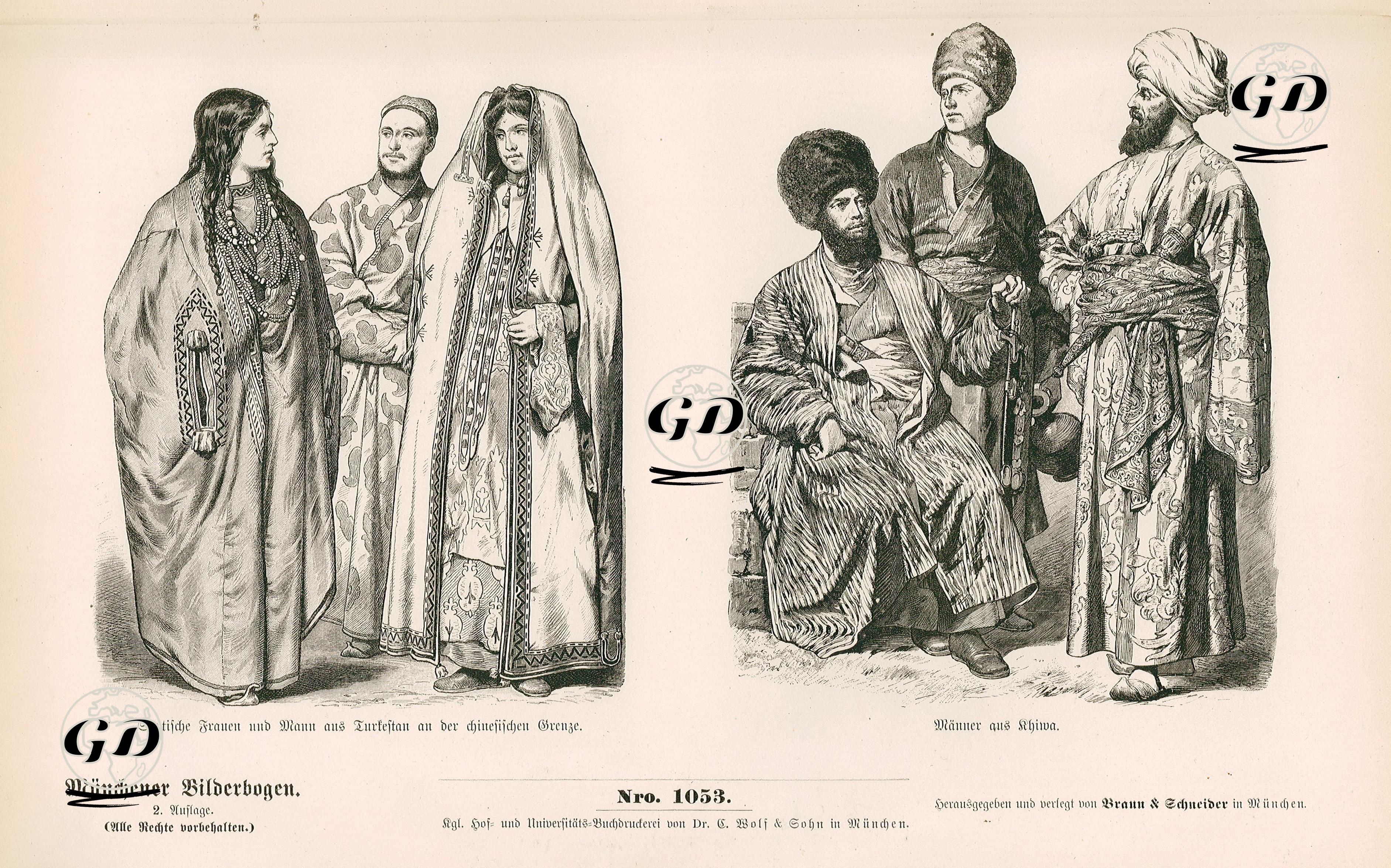 19.Yüzyılda Orta Asya- Çin Sınırındaki Türkistanlı Sartish Kadın ile Erkek ve  Özbekistan'ın Hive Şehrinden Erkek -  - 1861-1890's