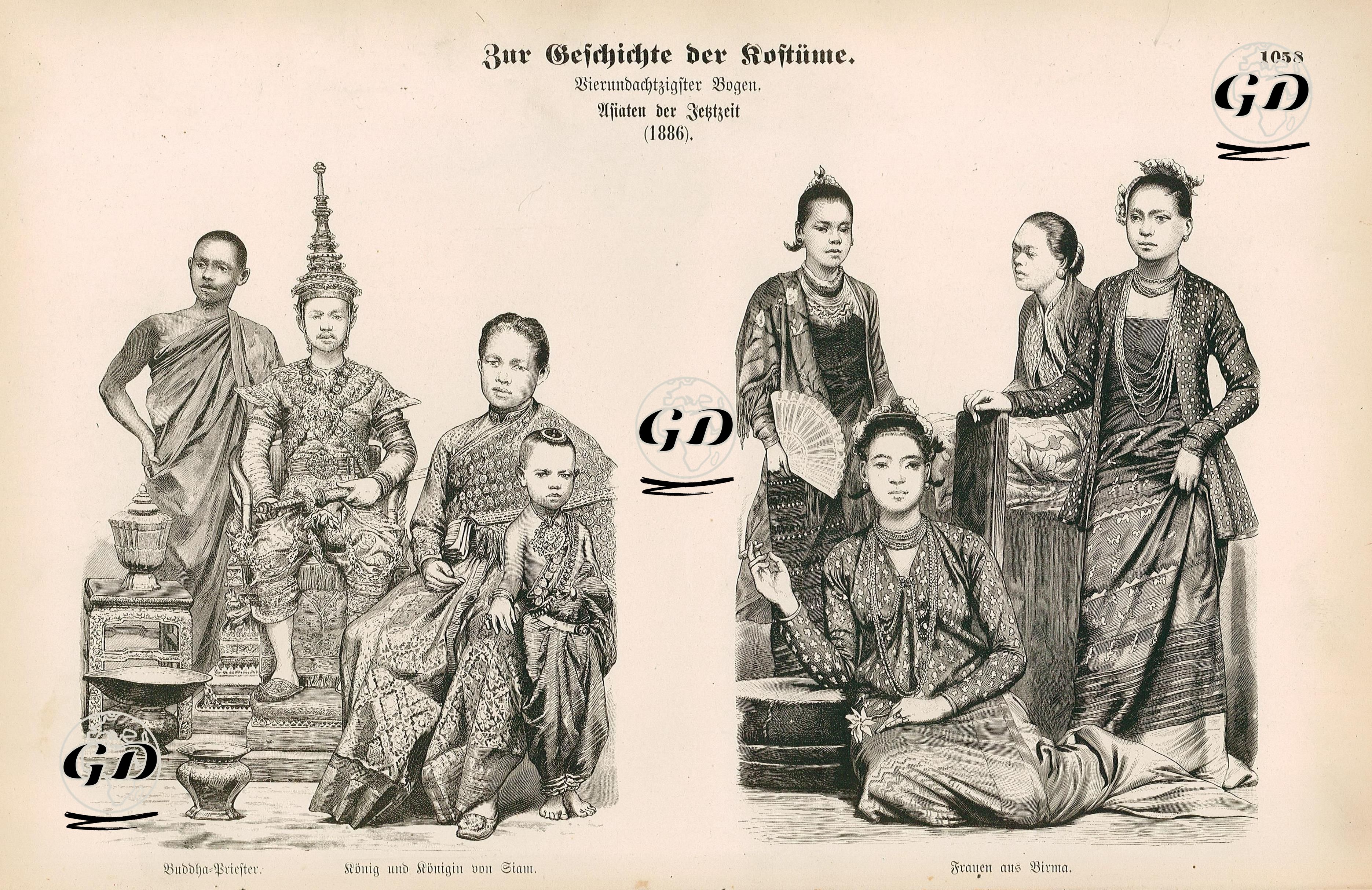 Siam (Tayland) ve Myanmar(Burma) (1886)- Budist Rahip ile Siam Kralı ve Kraliçesi- Burma'lı Kadınlar -  - 1861-1890's
