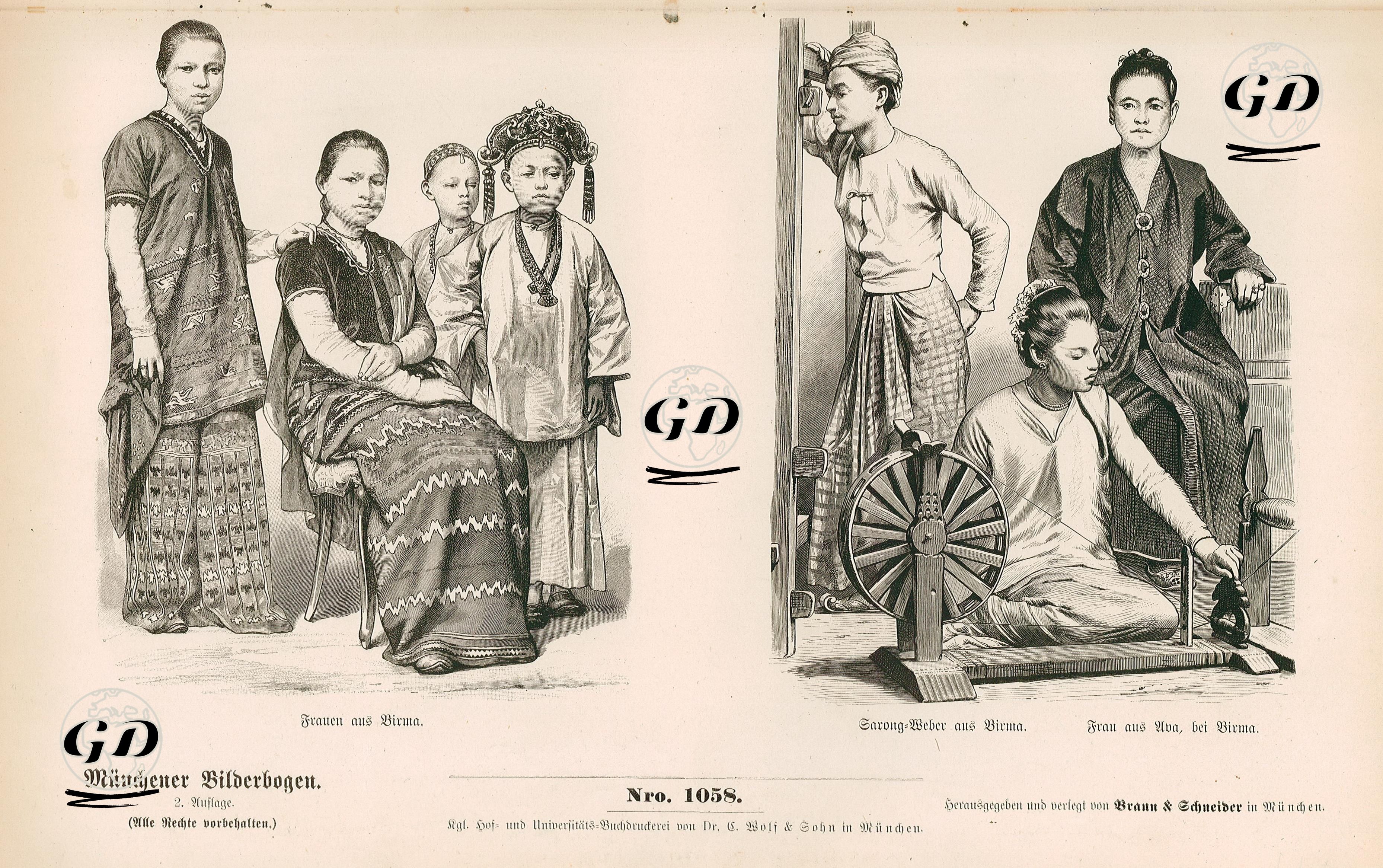 Siam (Tayland) ve Myanmar(Burma) (1886)- Burma'da Yaşayan Karenli Kadınlar- Burma'da Sarong Dokumacısı ve  Burma'nın Başkenti Ava'dan(İnwa) Kadın -  - 1861-1890's