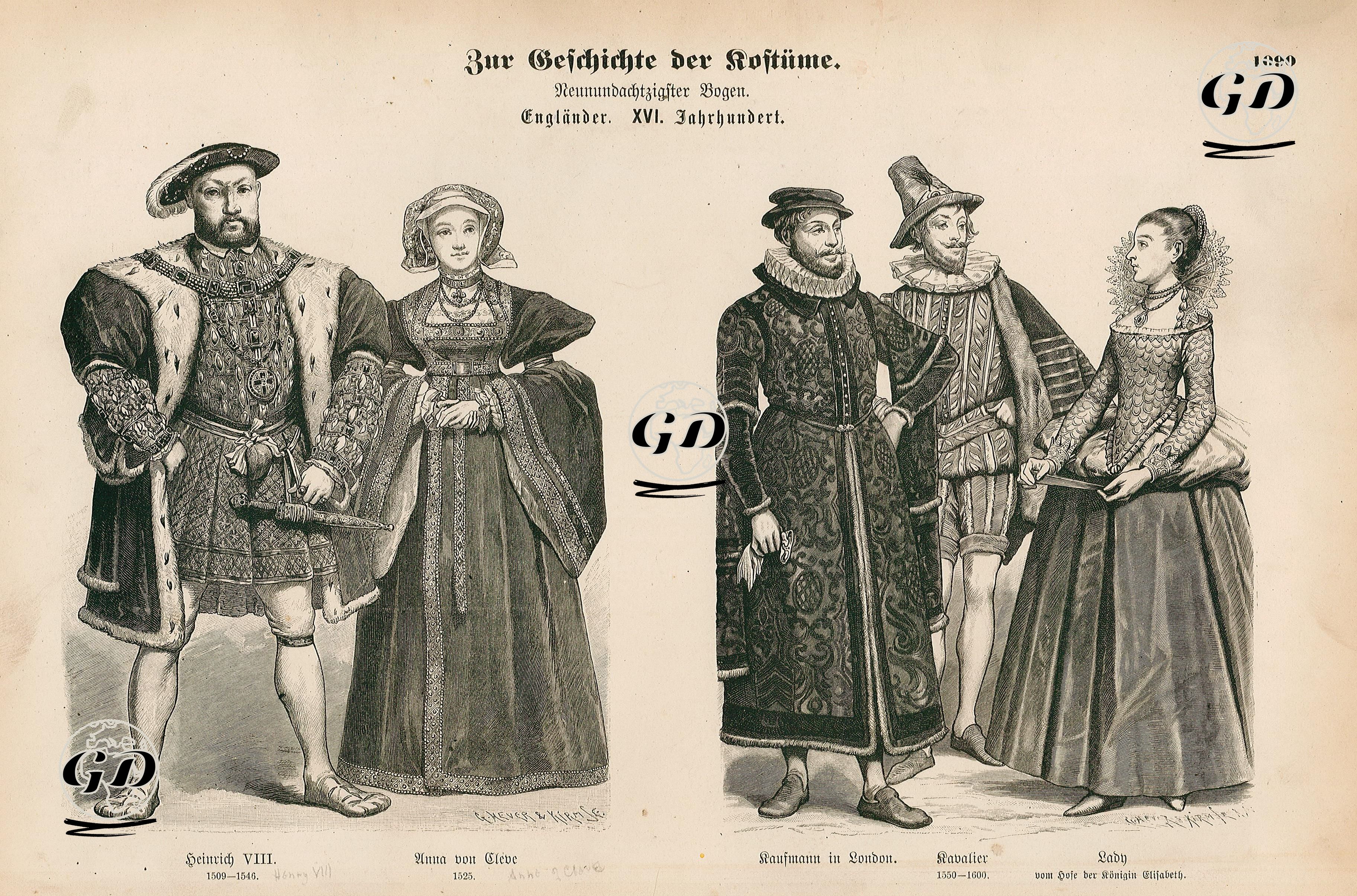 16.Yüzyılda İngiltere- İngiltere Kralı VIII. Henry(1509-1546) ve Eşi Kraliçe Clevesli Anne (1525)- Londralı Tüccar Kıyafeti, 1550 ile 1560 Yılları arası Süvari Kıyafeti ve Kraliçe Elizbeth'in Sarayından Leydi Kıyafeti  -  - 1861-1890's
