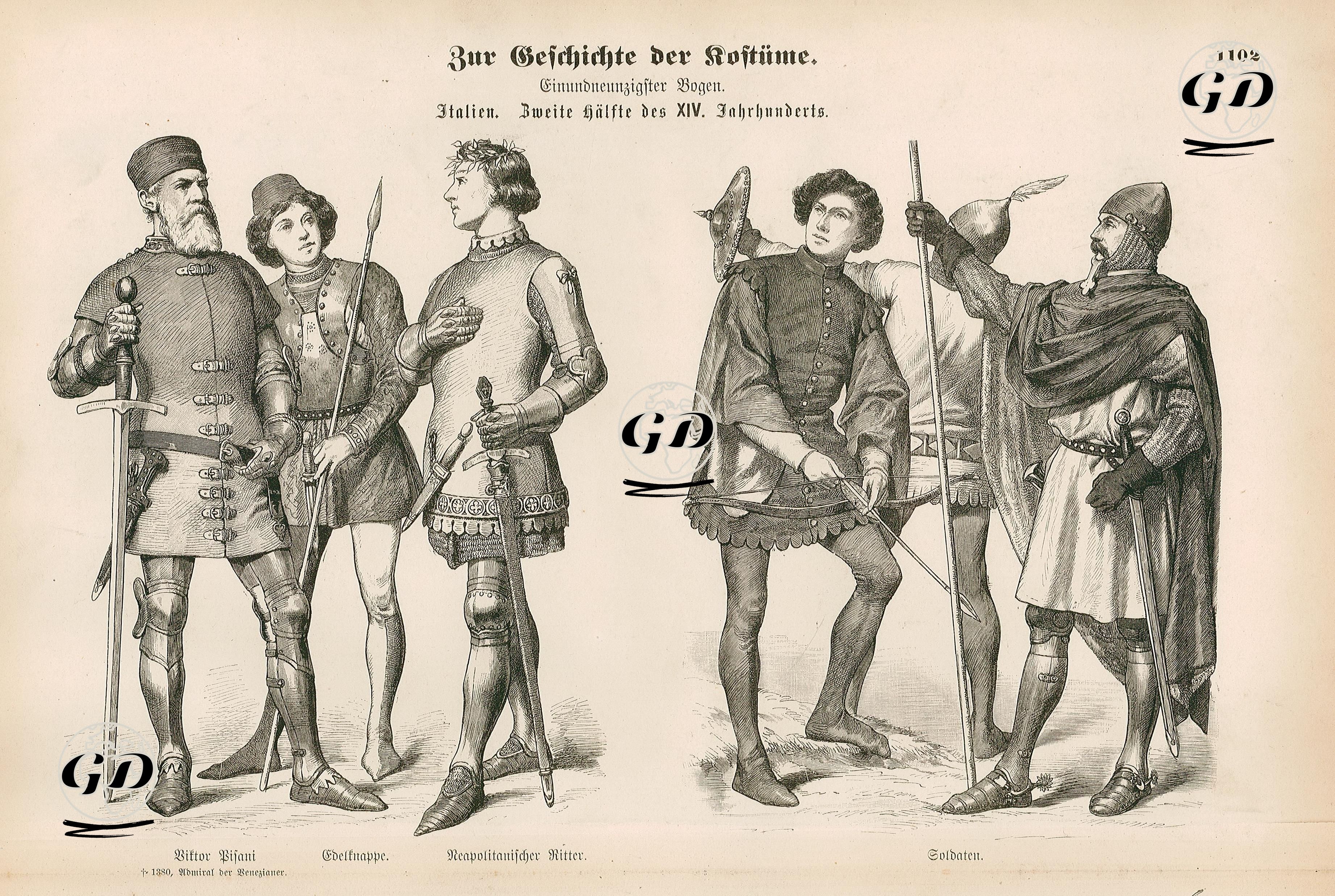 Second Half of the 14.Century(Zweite Halfte des XVIII Jahrhundert), Italy(Italien)- Vittore Pisani (Venetian Admiral Died 1380), Squire(Edelknappe) and Neapolitan Knight- Soldiers(Soldaten) -  - 1861-1890's