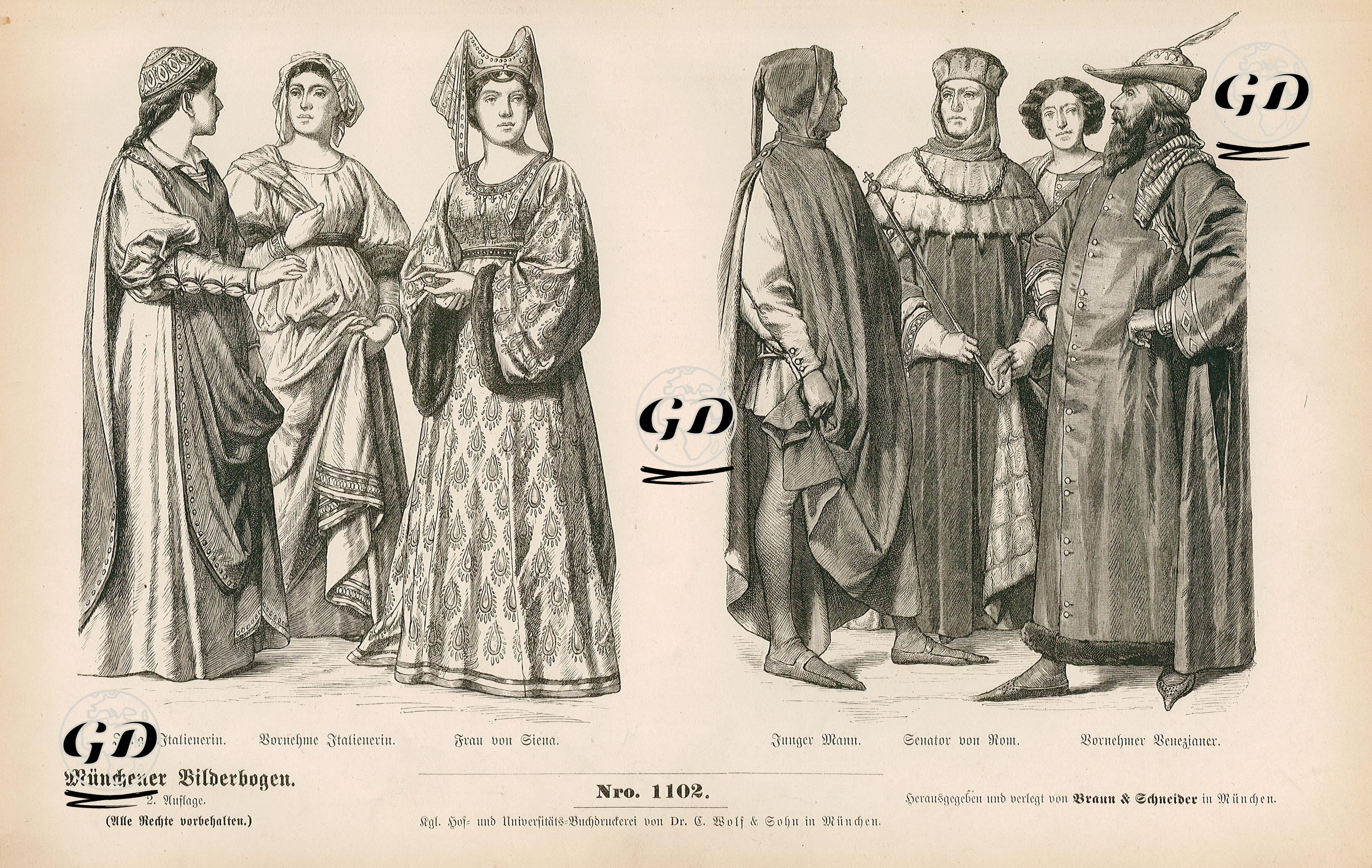 Second Half of the 14.Century(Zweite Halfte des XVIII Jahrhundert), Italy(Italien)- Italian Girl(Junge Italienerin), Noblewoman(Bornehme Itallienerin) and Lady of Siena(Frau von Siena)- Young Man(Junger Mann), Roman Senator(Senator von Rom) and Venetian Nobleman(Bornehmer Benezianer)  -  - 1861-1890's