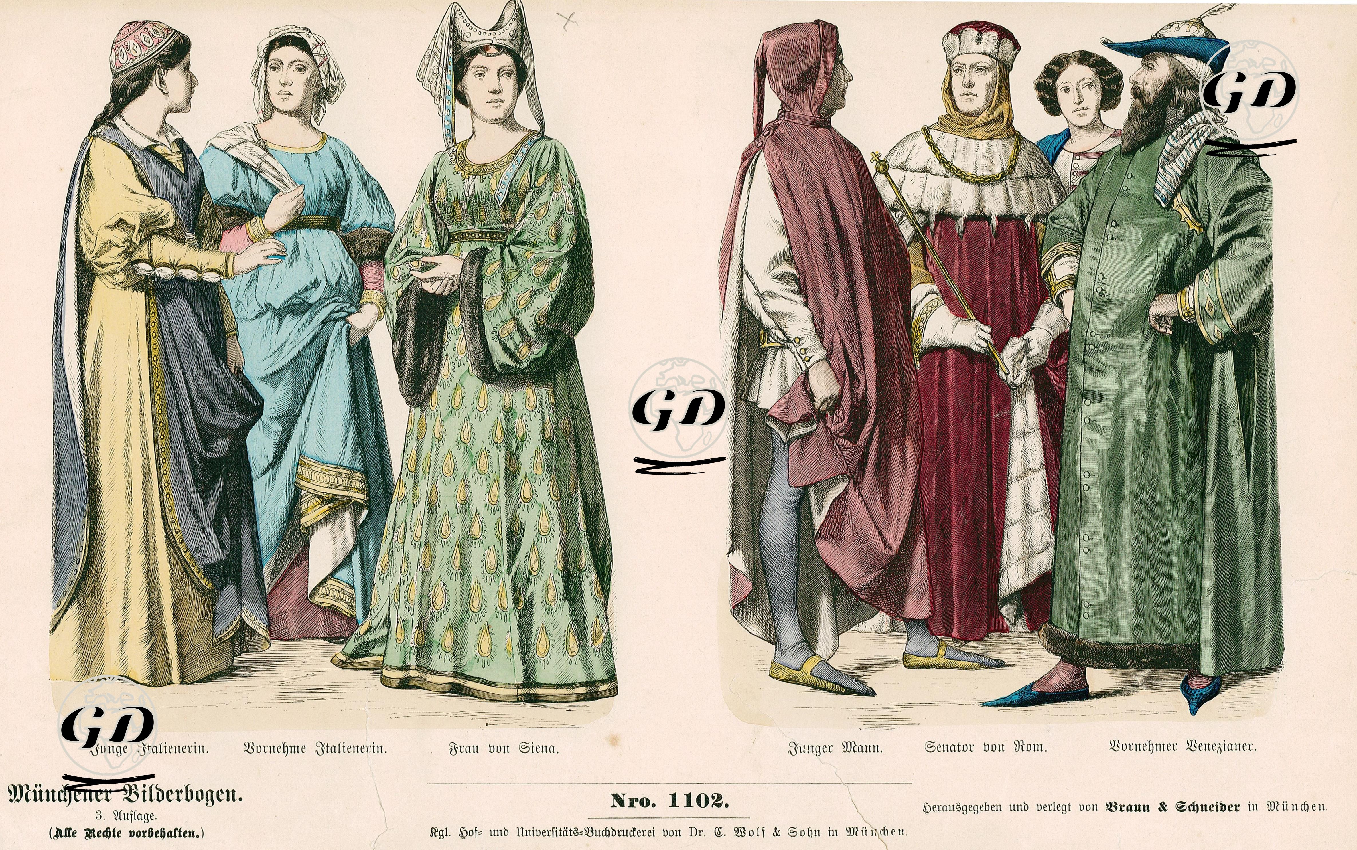 Second Half of the 14.Century(Zweite Halfte des XVIII Jahrhundert), Italy(Italien)- Italian Girl(Junge Italienerin), Noblewoman(Bornehme Itallienerin) and Lady of Siena(Frau von Siena)- Young Man(Junger Mann), Roman Senator(Senator von Rom) and Venetian Nobleman(Bornehmer Benezianer)  -  - 1861-1890's