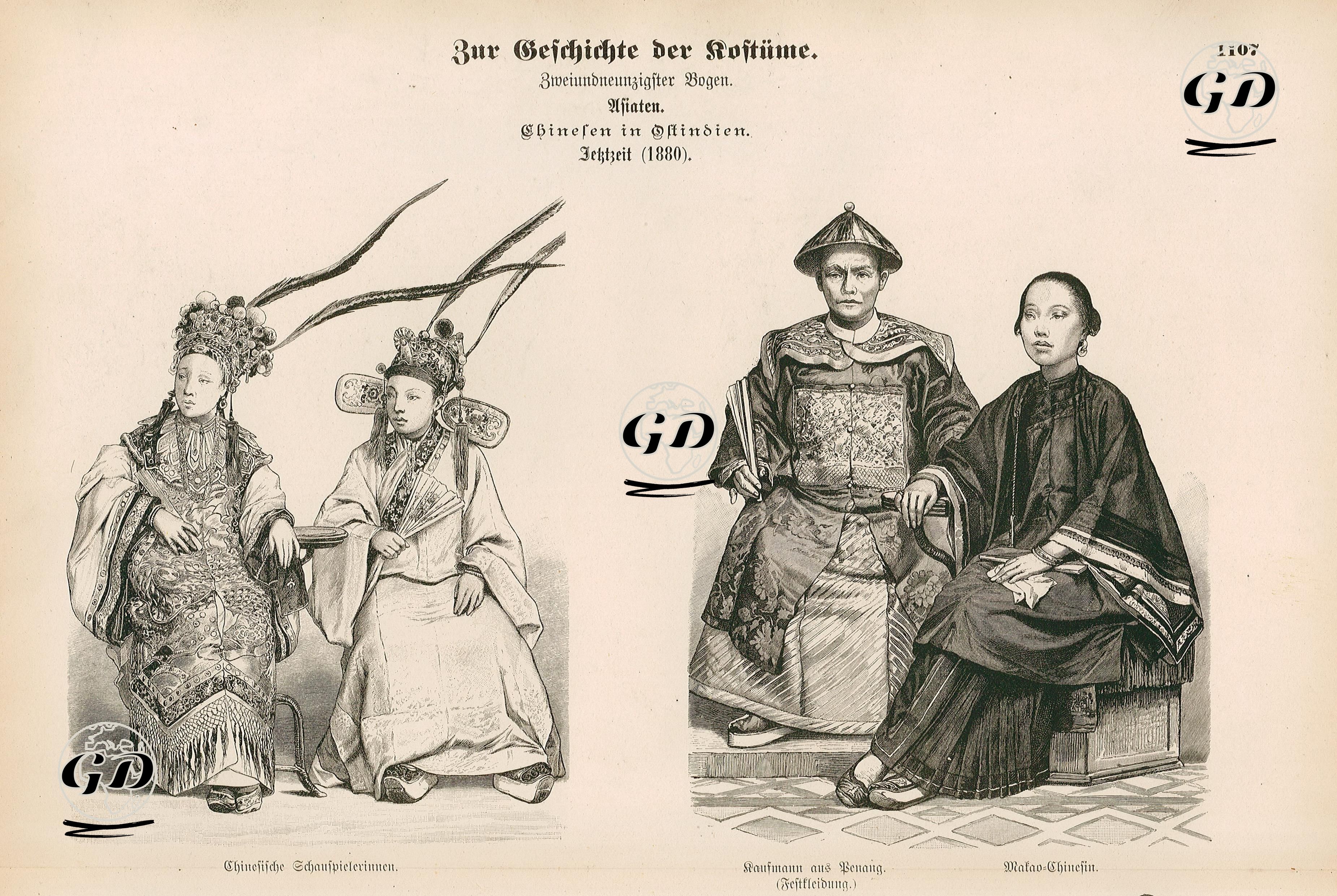 Chinese in East India(Asia-Malaysia and Southern Chinese) (Asiaten-Chinesen in Ostindien) 1880- Chinese Actresses(Chinesische Schauspielerinnen)- Merchant from Penang in Festive Dress (Kaufmann aus Penang) and Woman from Macao(Macau Chinesin) -  - 1861-1890's