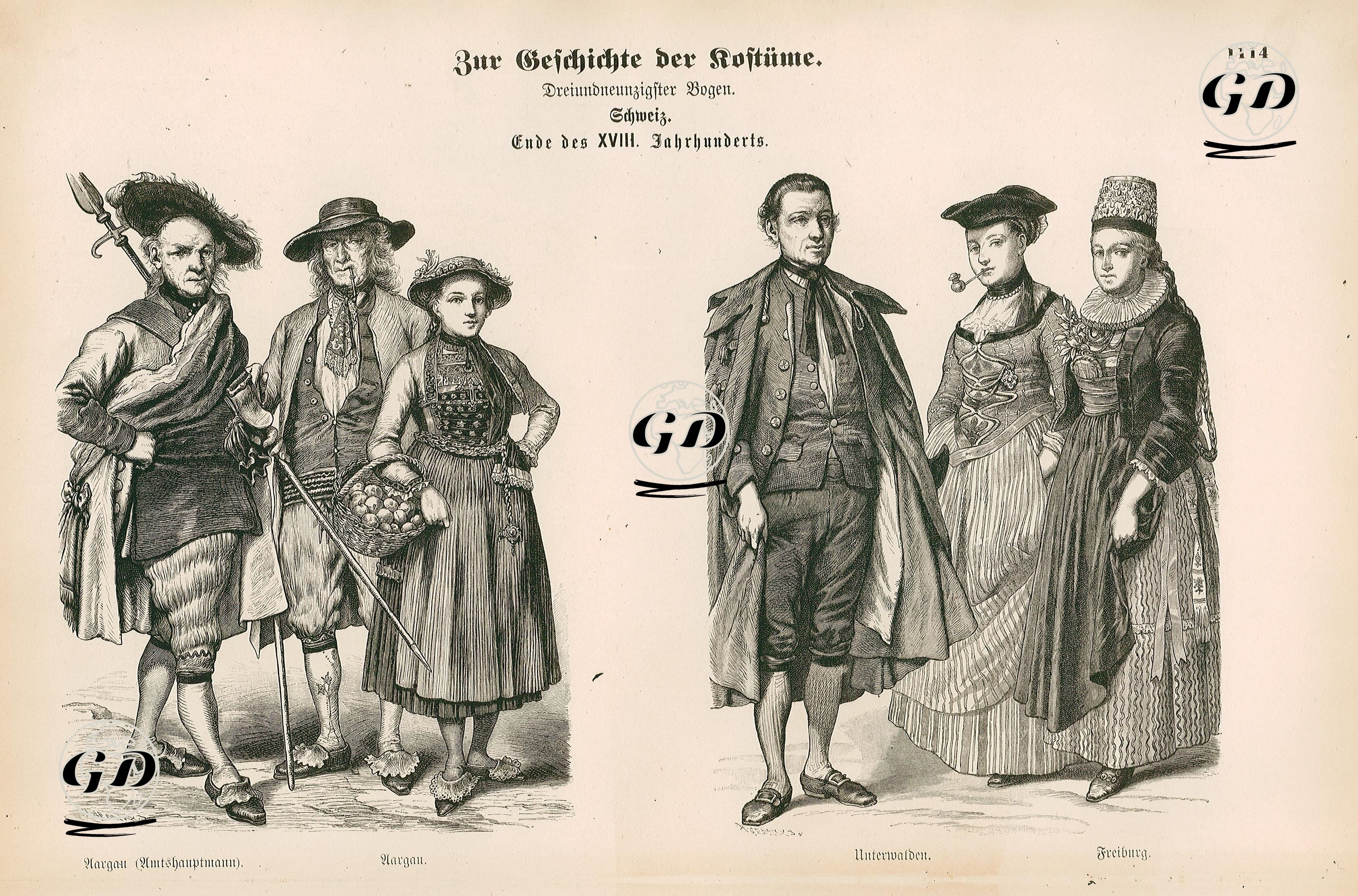 18.Yüzyılın Sonunda İsviçre'nin Aargau Şehrinin Yöneticisinin Kıyafeti ile Aargau, Unterwalden and Fribourg Bölgelerinde Yaşayan İsviçrelilerin Kıyafetleri -  - 1861-1890's