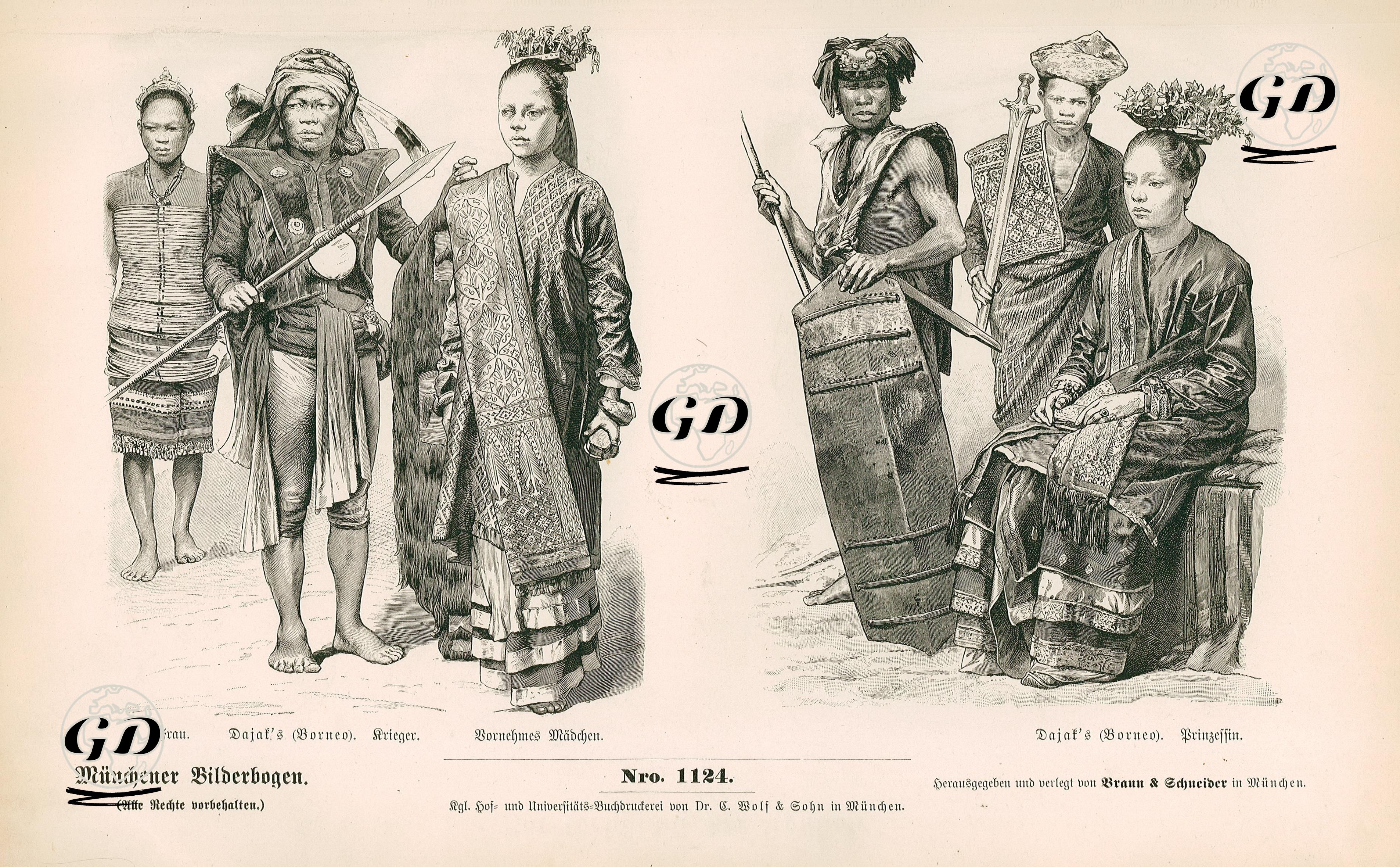 Asia (Asiaten), 1880-  Dyaks Woman (Borneo), Warrior and Girl of the Aristocracy- Dyaks and Princess -  - 1861-1890's