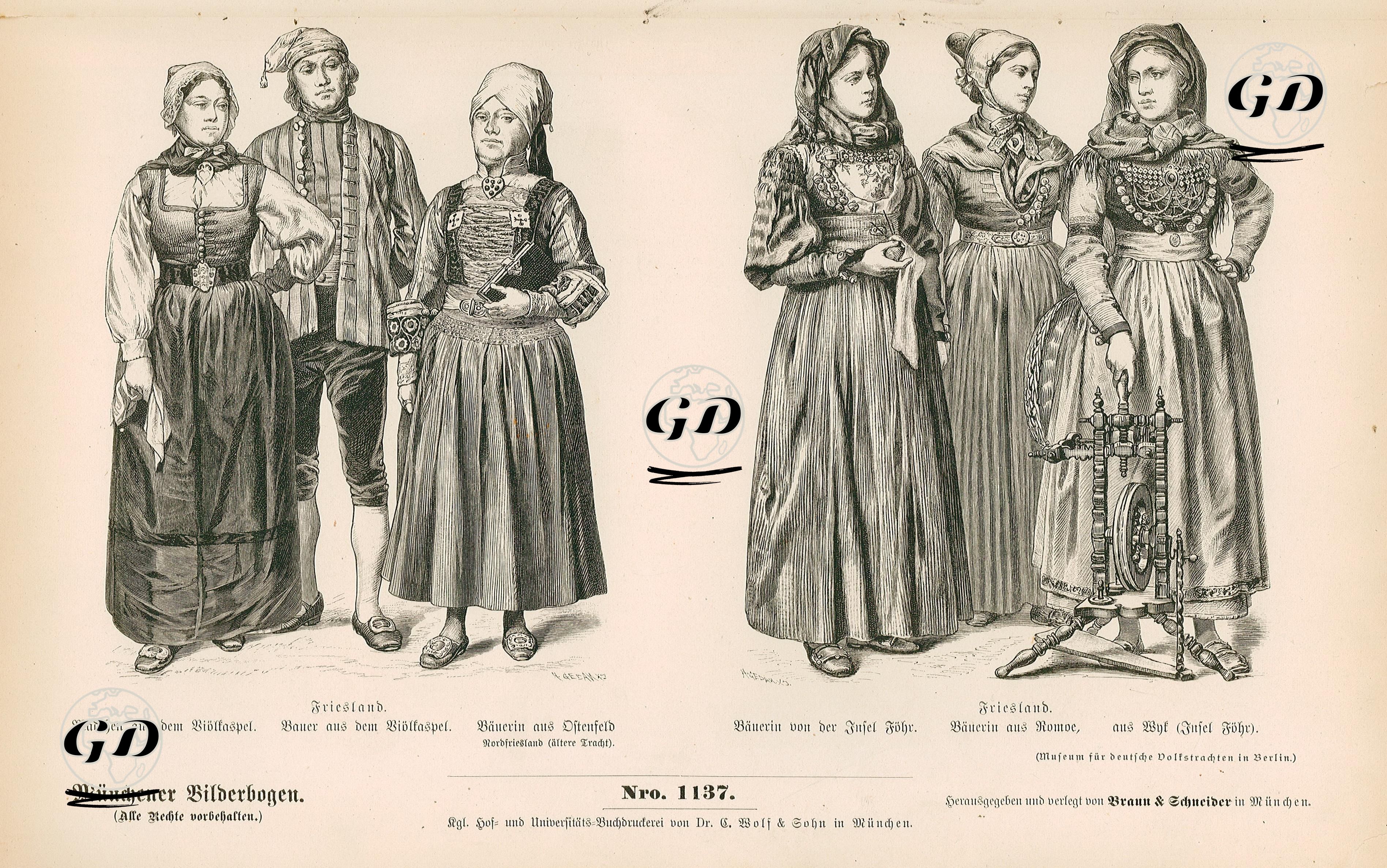North Germany (Norddeutchland) (19.Century)- Frisia, Girl and Peasant from Wyck, Peasant Woman from Ostenfeld (Old Dress)- Frisia, Peasant Woman from the Island of Fohr, Romoe and Wyck On Fohr -  - 1861-1890's