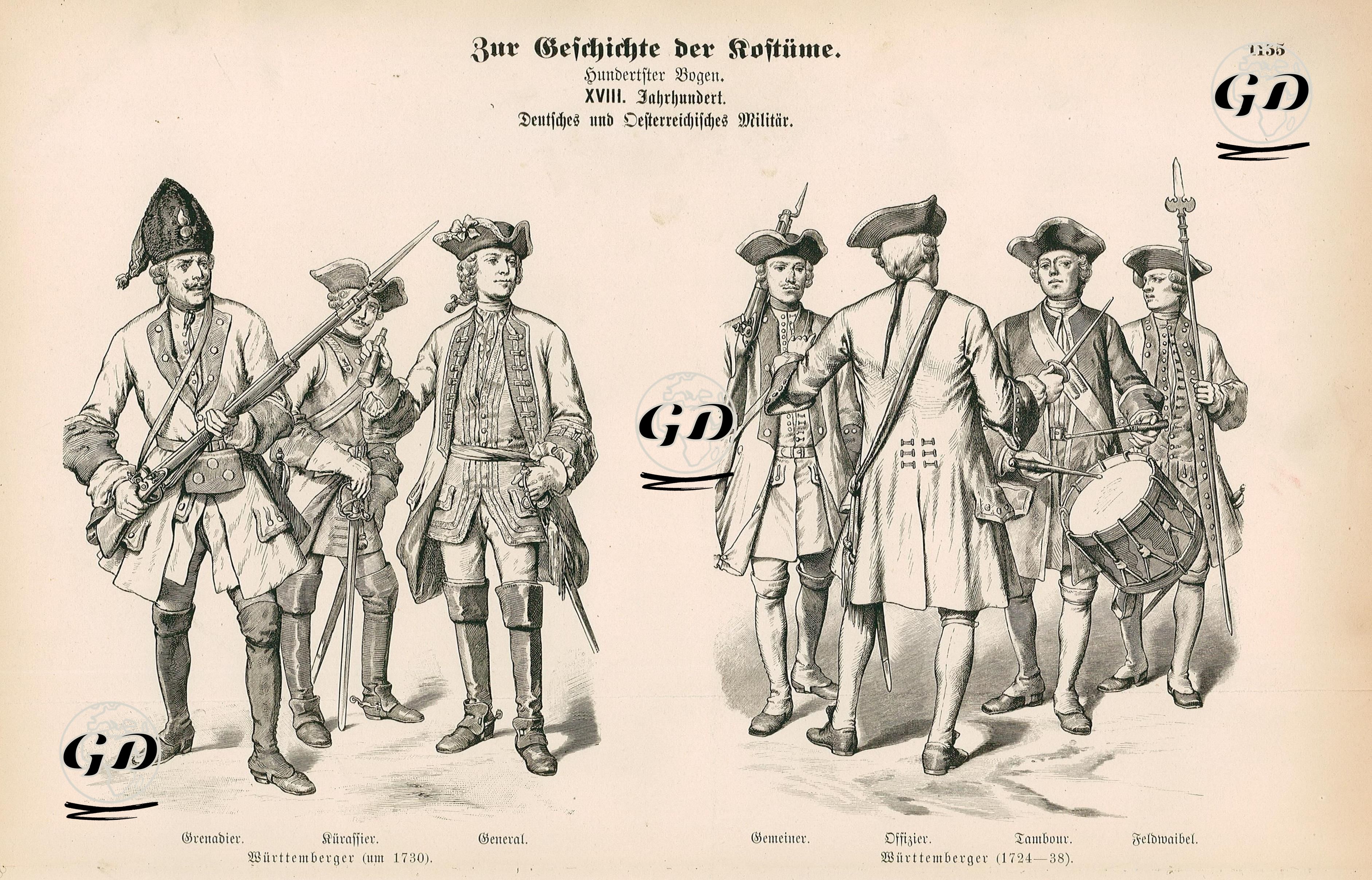 18.Yüzyılda Alman ve Avusturya Orduları- 1730 Yılında Almanya'nın Wurttemberg Bölgesindeki El Bombacı Asker, Zırhli Süvari ve General- 1724 ile 1738 Yılları Arasında Almanya'nın Wurttemberg Bölgesindeki Asker, Subay, Trampetçi ve Çavuş -  - 1861-1890's