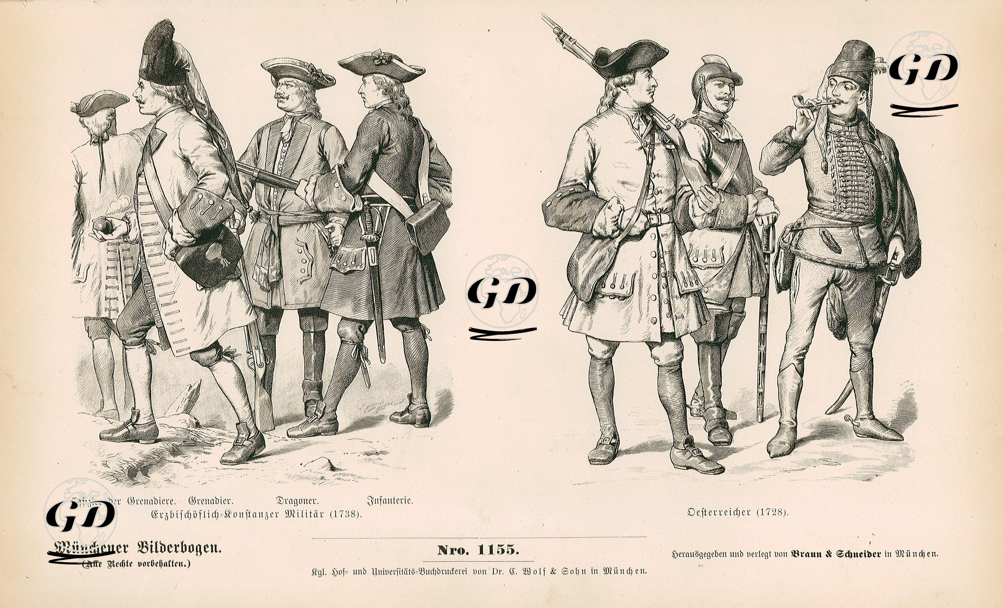 18.Century (XVIII. Jahrhundert), German and Austrian Armies(Deutches und Osterreichisches)- Army of the Archbishop of Konstanz(Erzbischöfliche Konstanzer Militar) (1738), Officer of Grenadiers, Grenadier, Dragoon(Dragoner) and Infantryman- Austria (Osterreicher) (1728) -  - 1861-1890's
