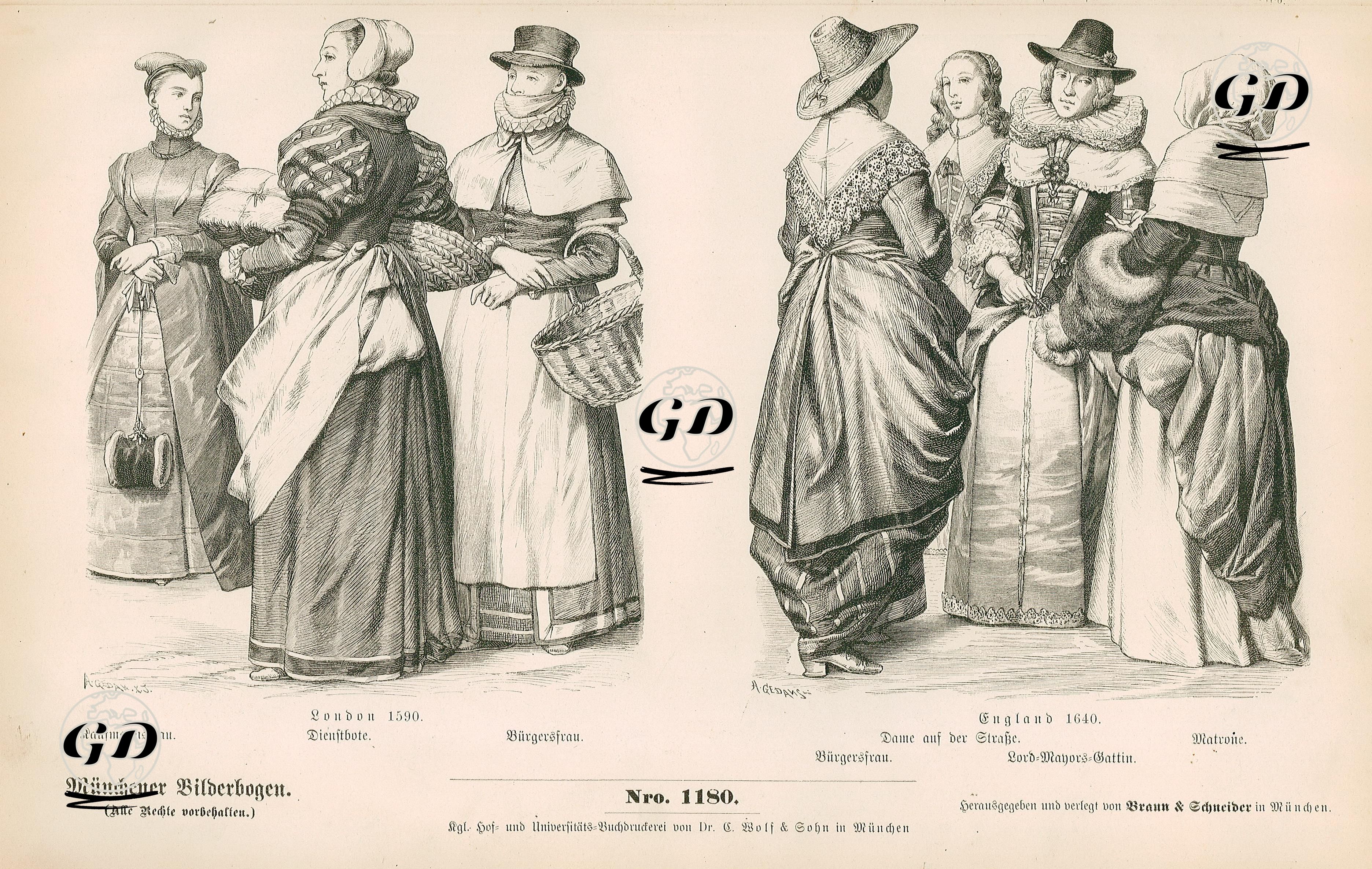 16. and 17. Centuries(XVI. Und XVII. Jahrhundert), England- Merchant's Wife(Kaufmannsfrau), Servant Woman(Dienstbute) and Townswoman(Burgersfrau) in London (1590)- Townswoman(Burgersfrau), Lady in Street Dress(Dame auf der Strabe), Lord Mayor's Wife and Matron in England (1640)
 -  - 1861-1890's